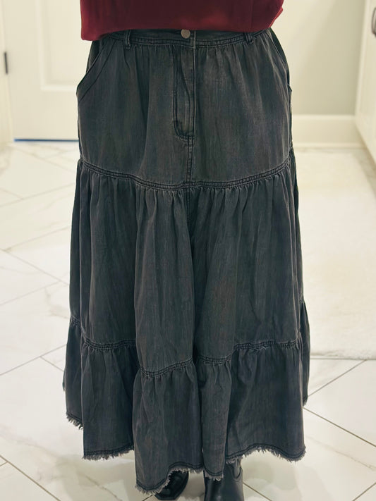 The Callie Black Denim Tiered Midi Skirt
