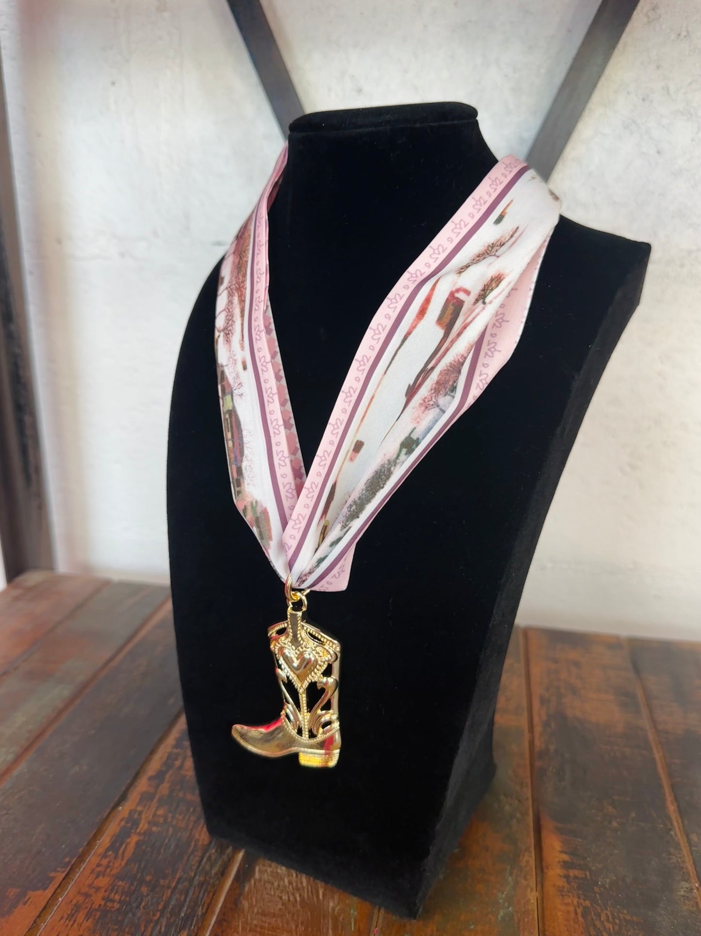 Pink Floral Silk Scarf + Gold Boot Pendant Necklace