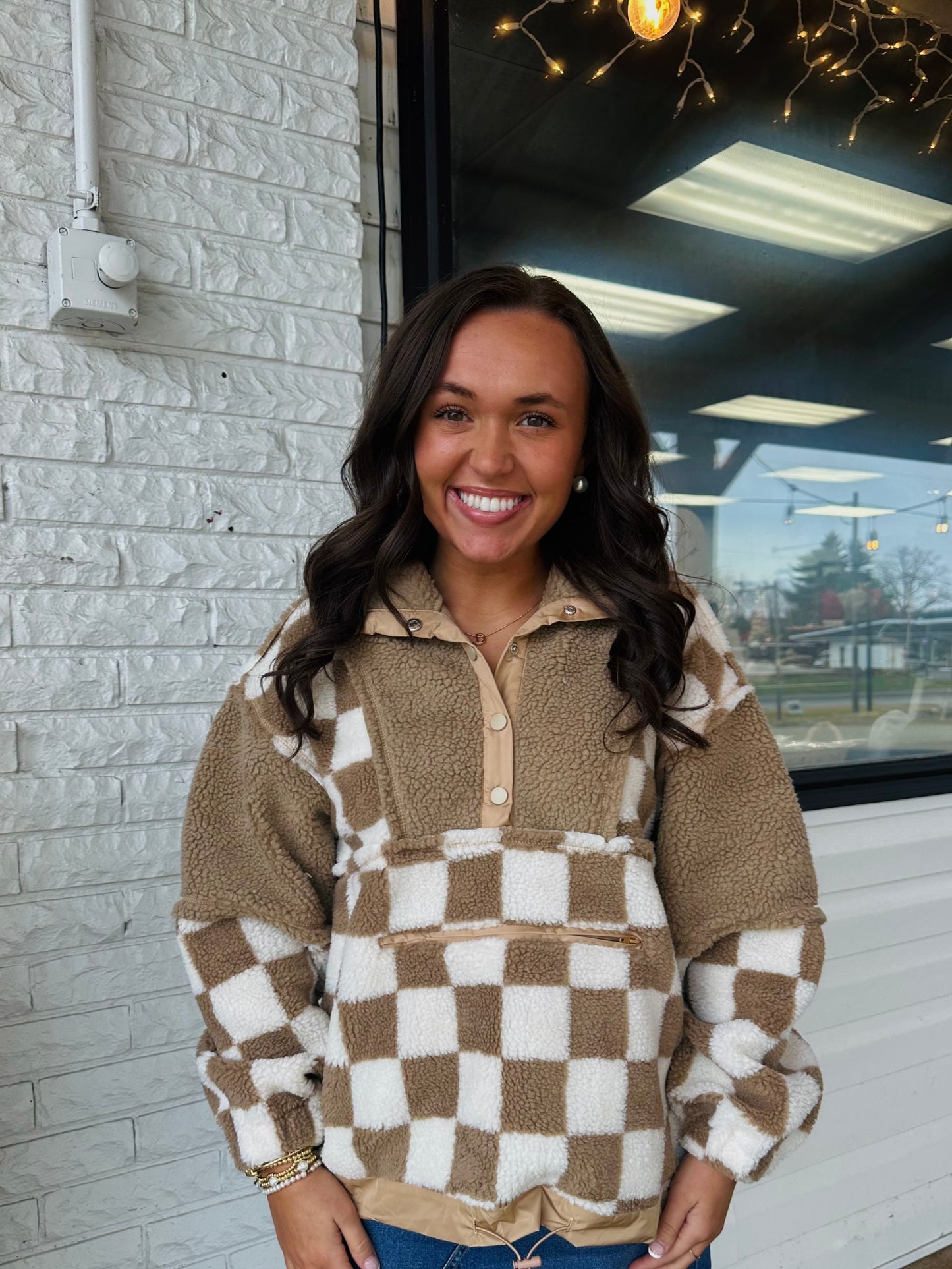 Taupe Checkered Fleece Pullover