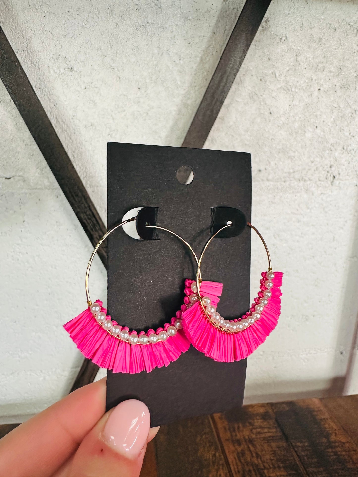 Pink Pearl Lined Raffia Drop Dangles