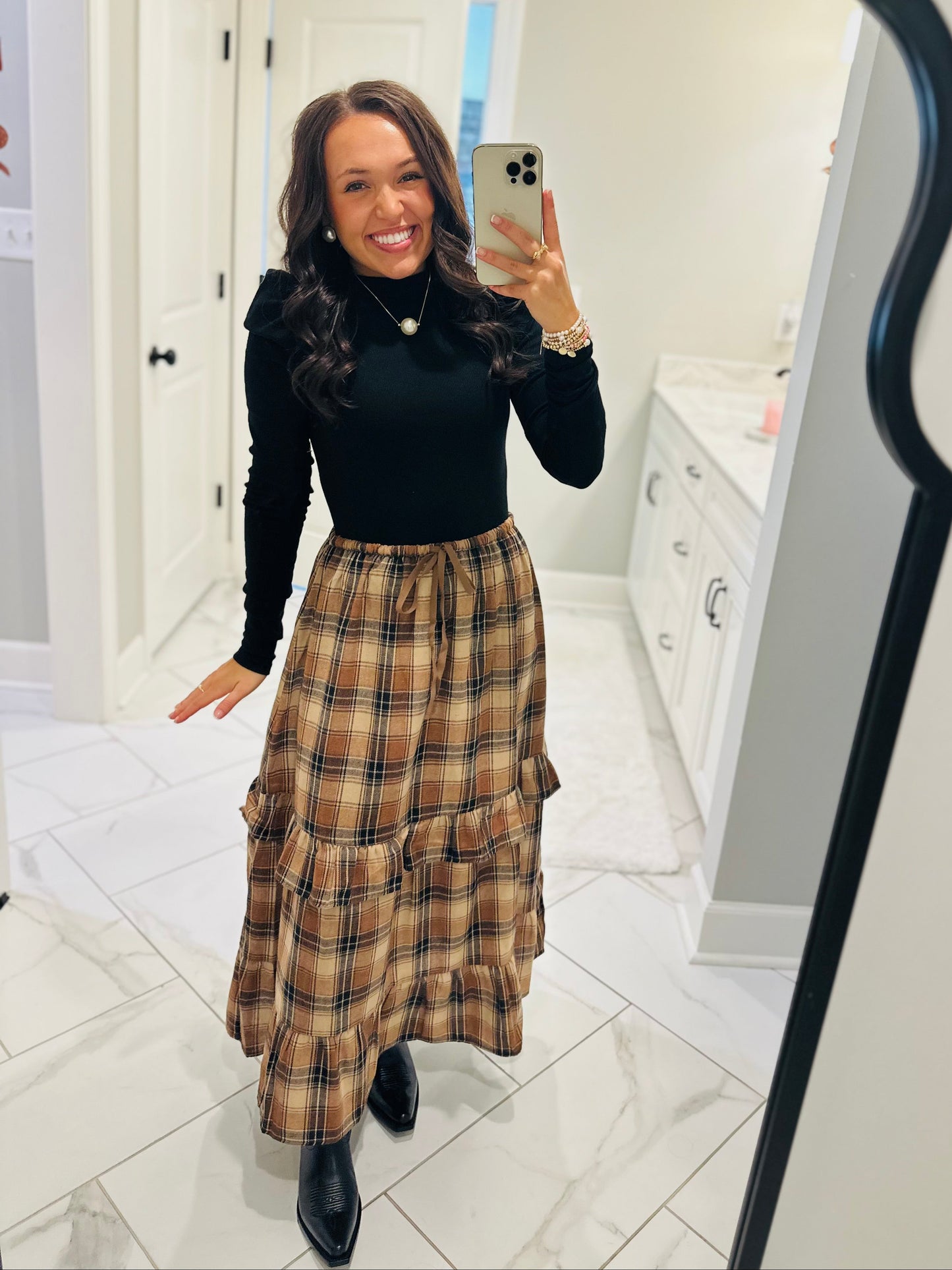 The Raine Mocha Plaid Ruffle Tiered Midi Skirt