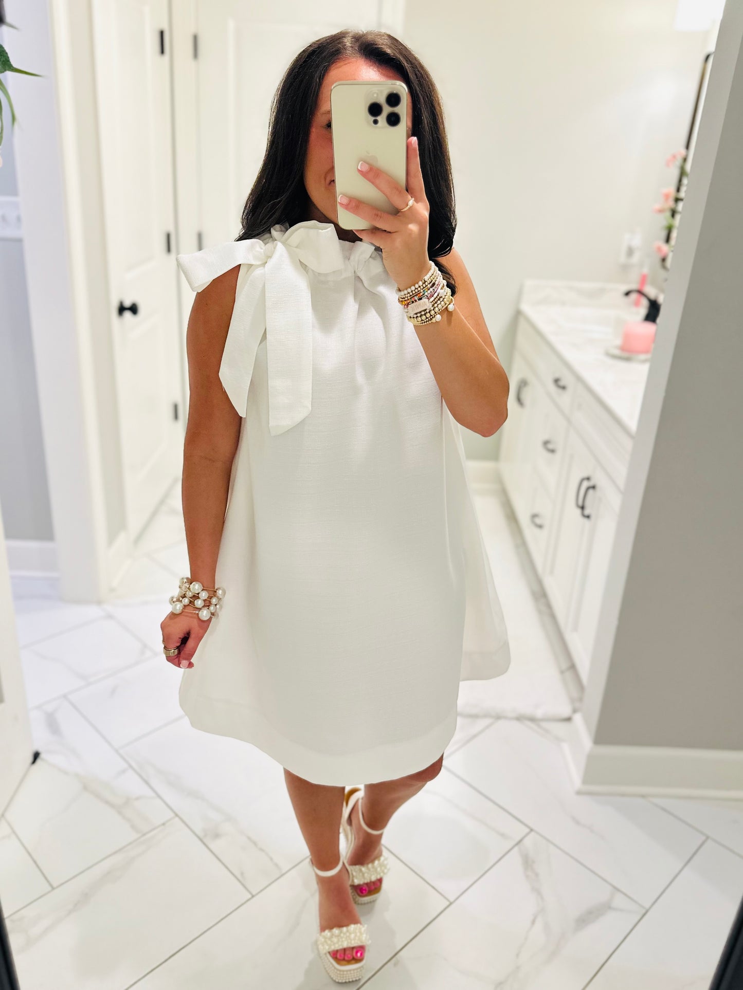 The Elizabeth White Tie Neck Shift Dress
