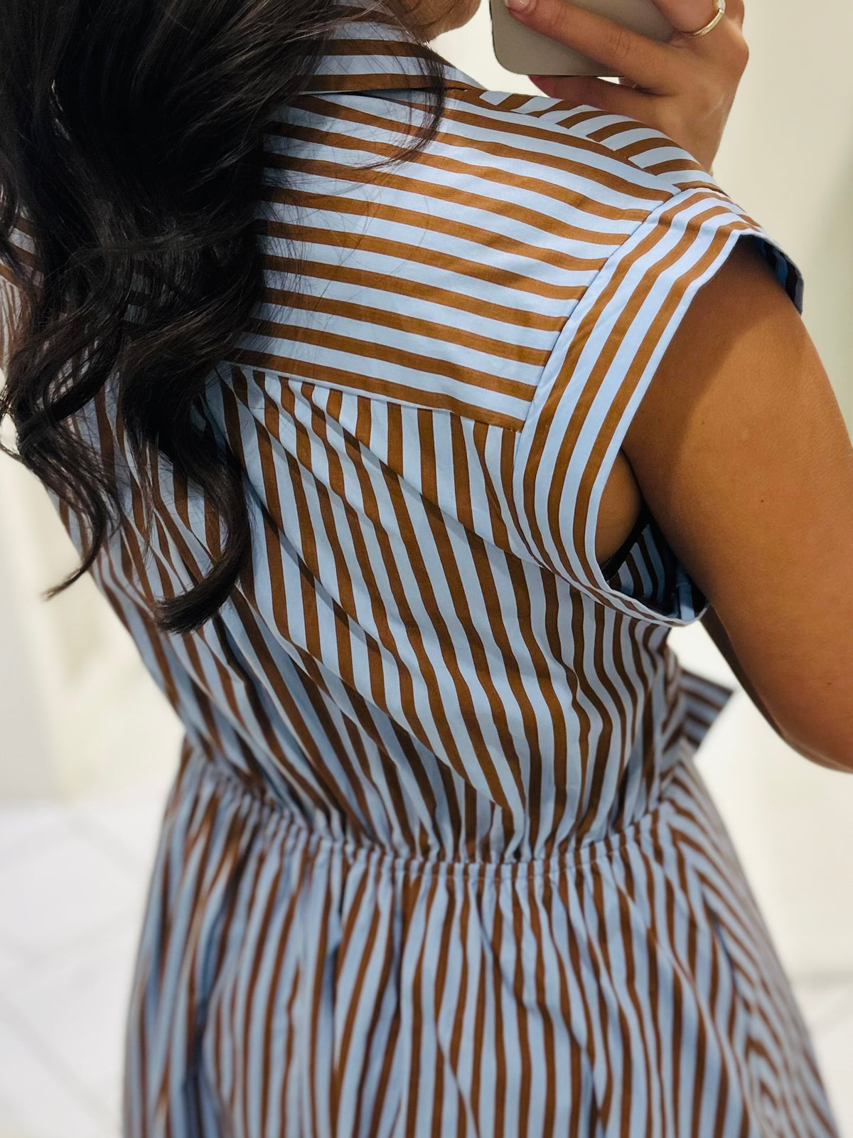 The Charity Blue + Brown Striped Midi Dress