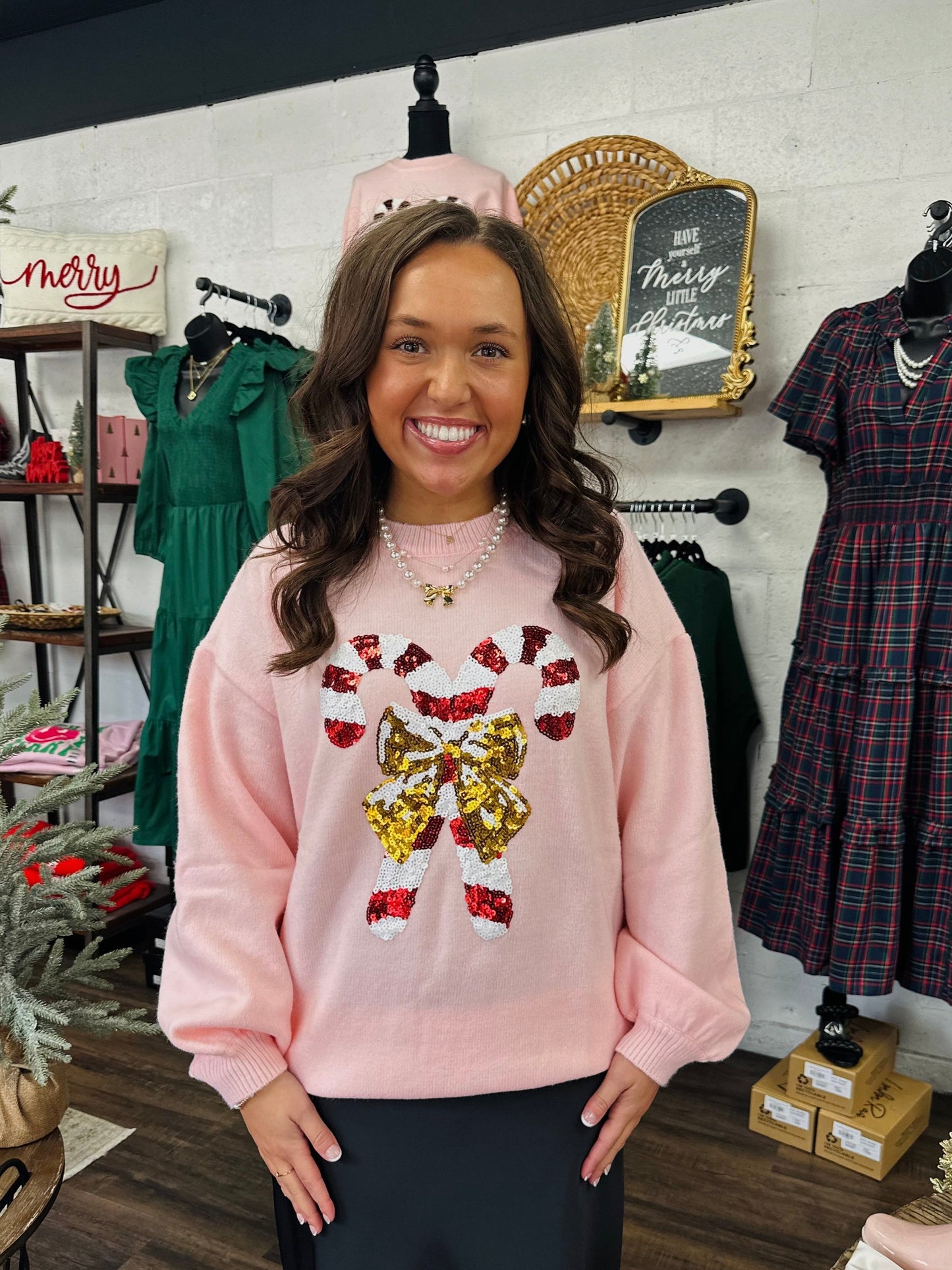 Candy Cane Embroidered Sequin Sweater