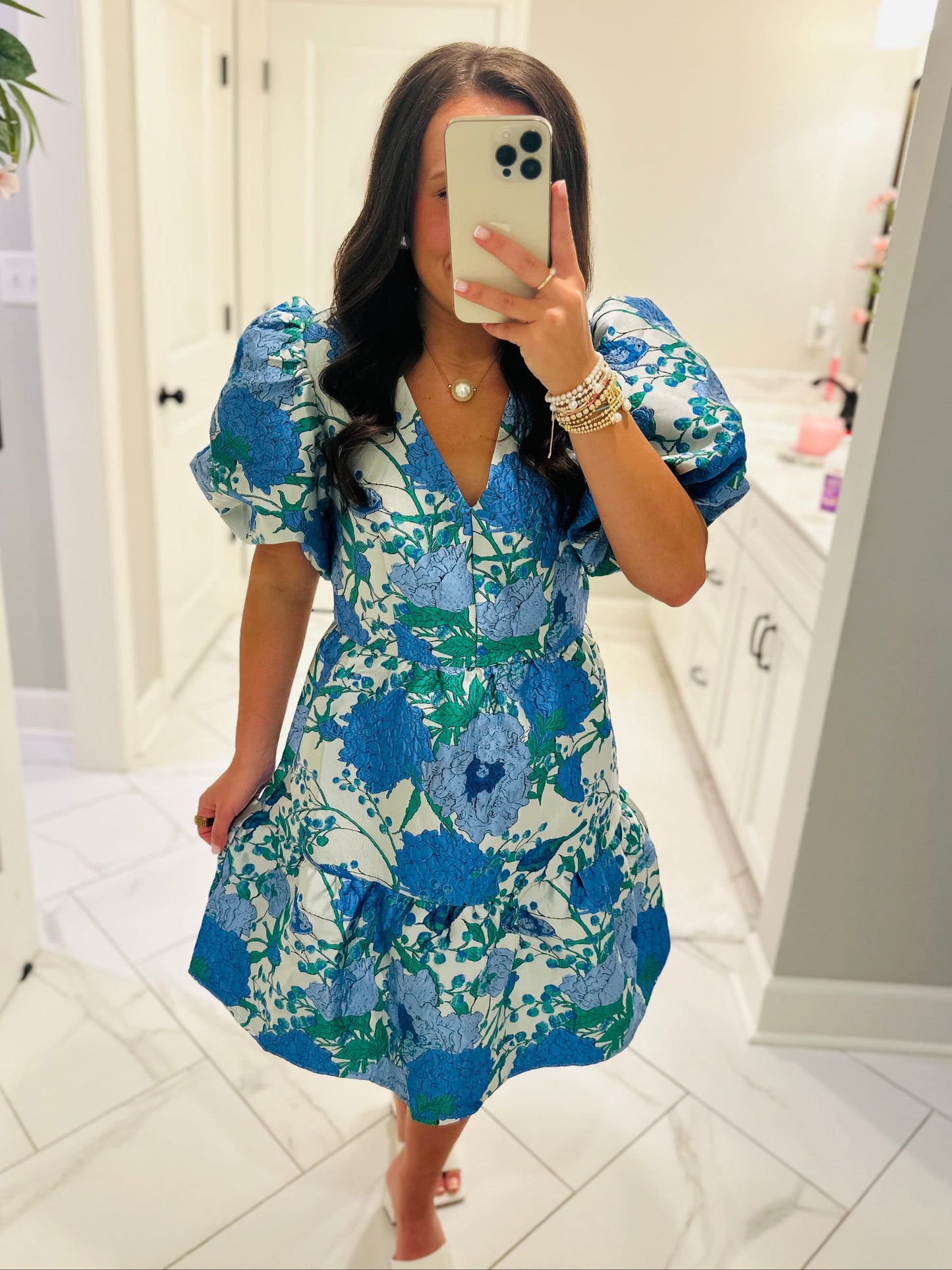 The Willa Blue Floral Jacquard Dress