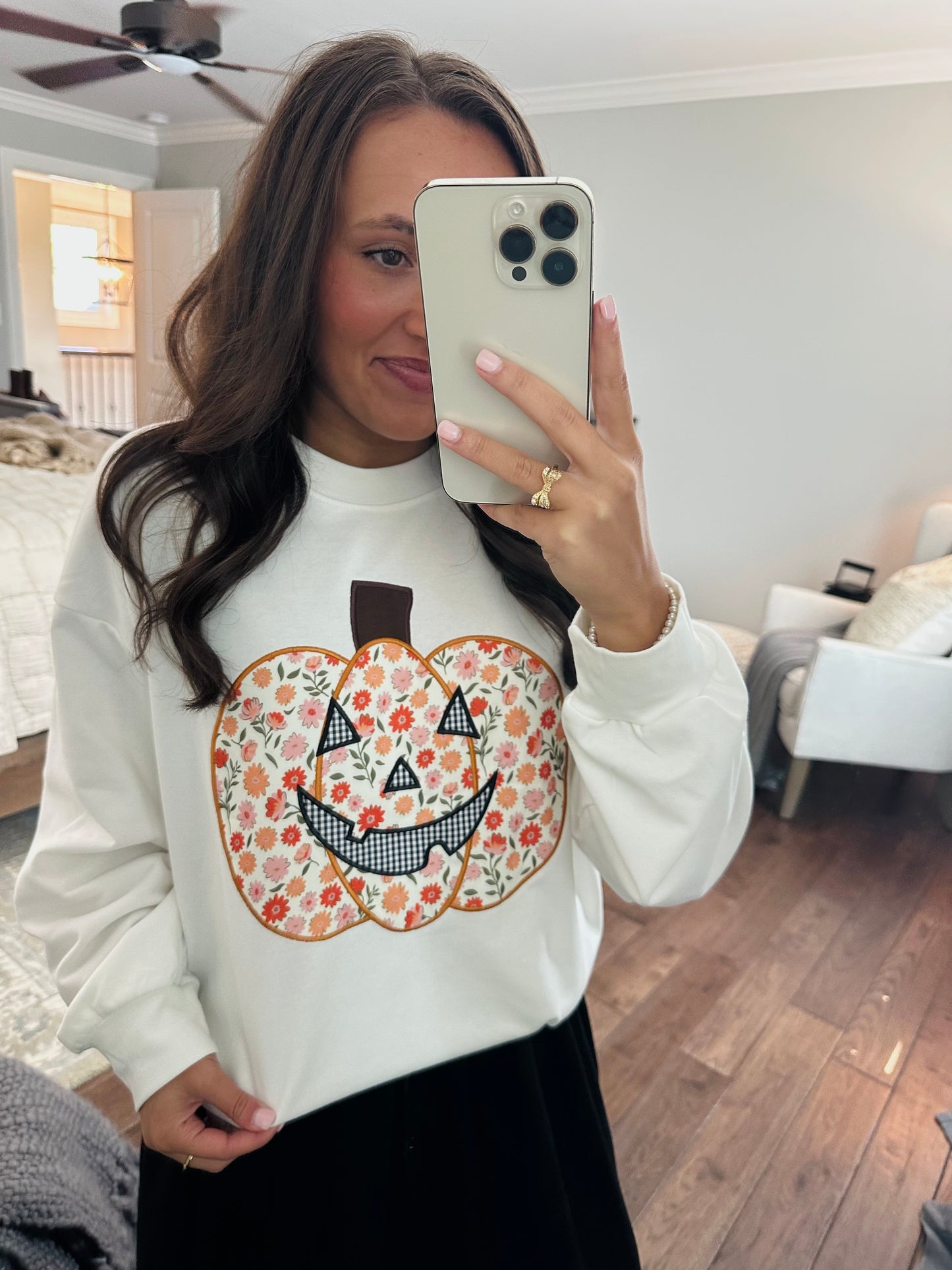 The Floral Printed Pumpkin Patchwork Crewneck