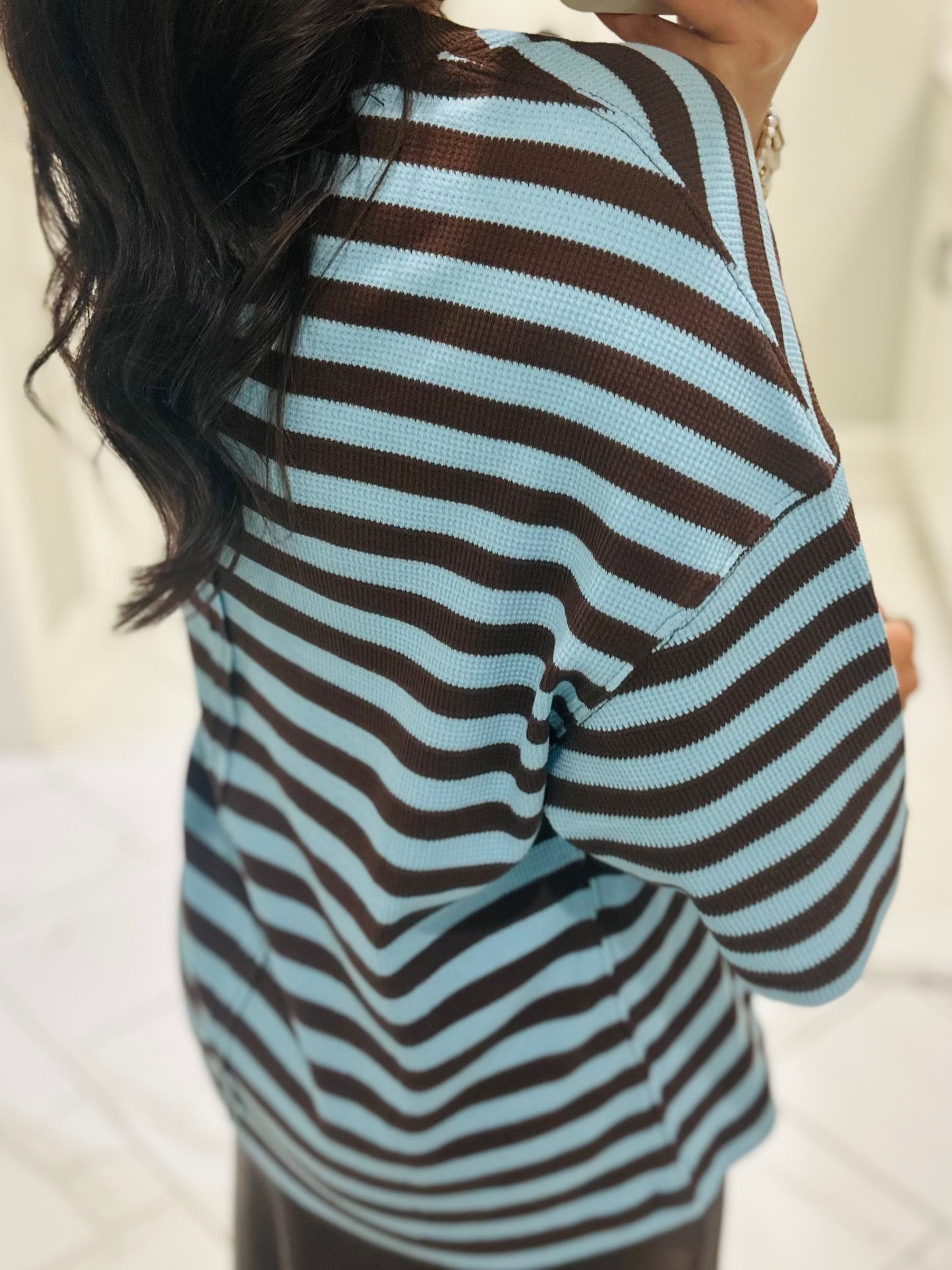The Everly Blue + Brown Striped Knit Top
