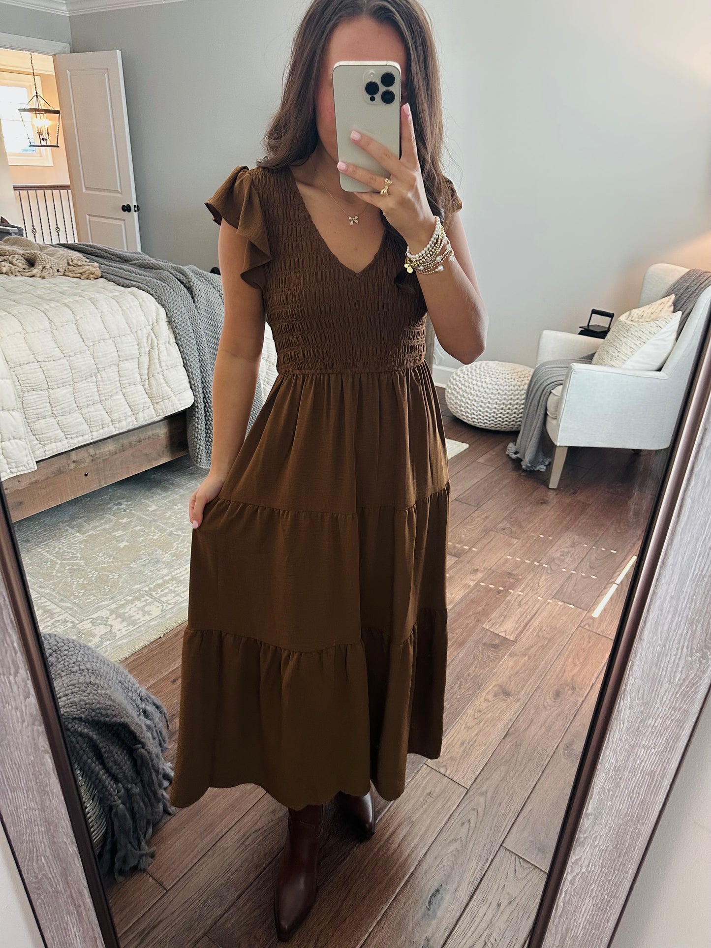 The Maple Copper Brown Flutter Sleeve Smocked Midi Dress