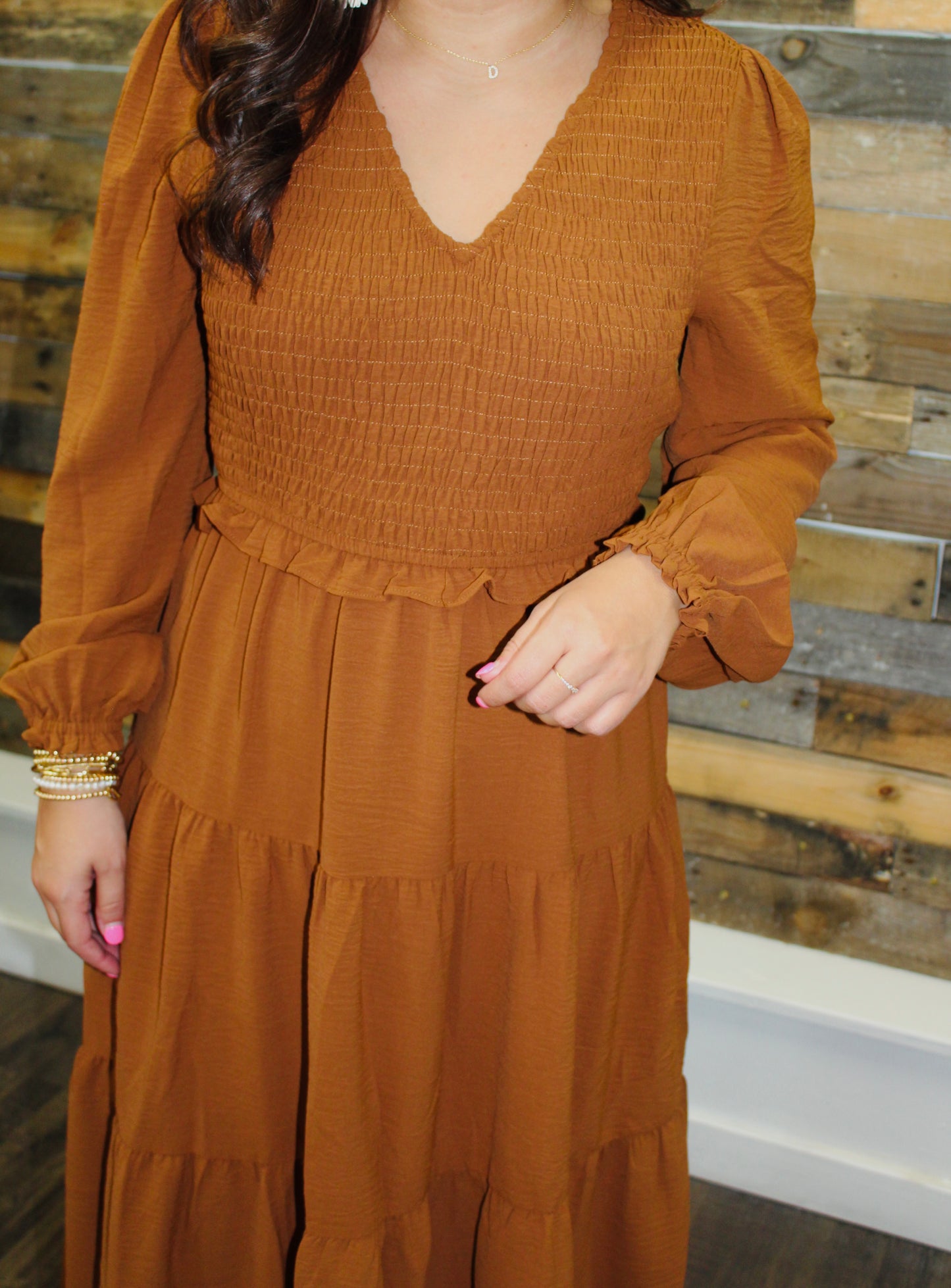 The Aubrey Copper Smocked Midi Dress