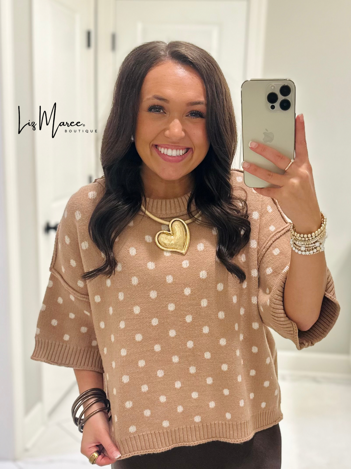 The Penelope Camel Polka Dot Sweater Knit Top
