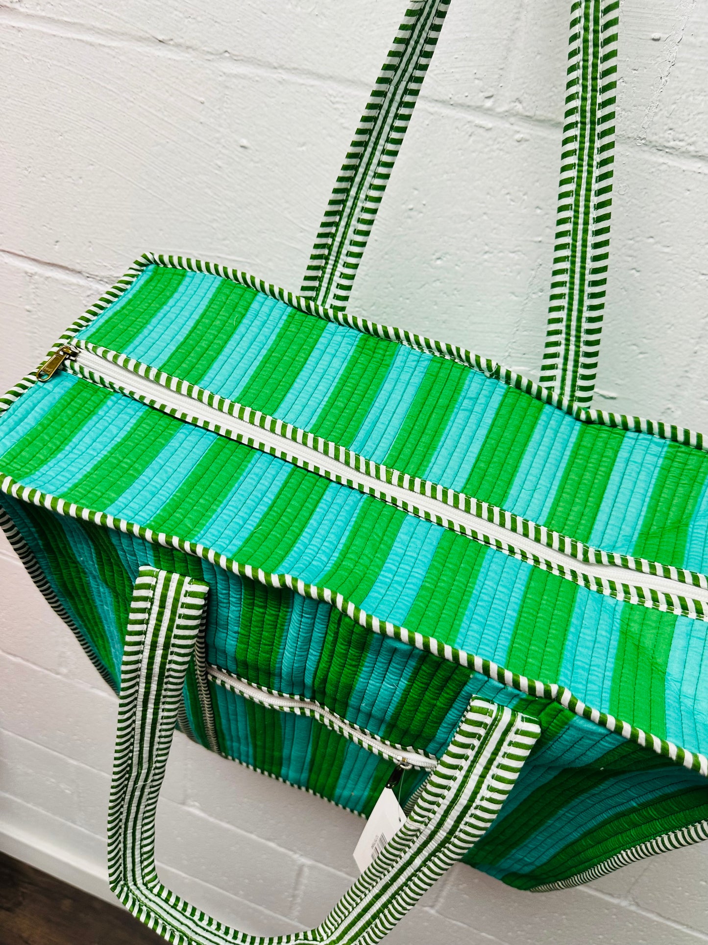 The Teal + Green Striped Quilted Tote Bag