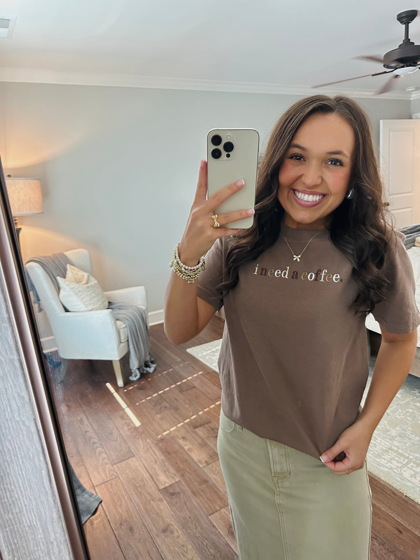 I Need A Coffee Espresso Brown Embroidered Tee
