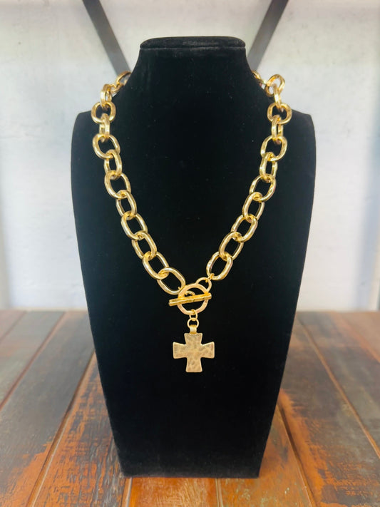 Gold Chunky Chain Hammered Cross Necklace