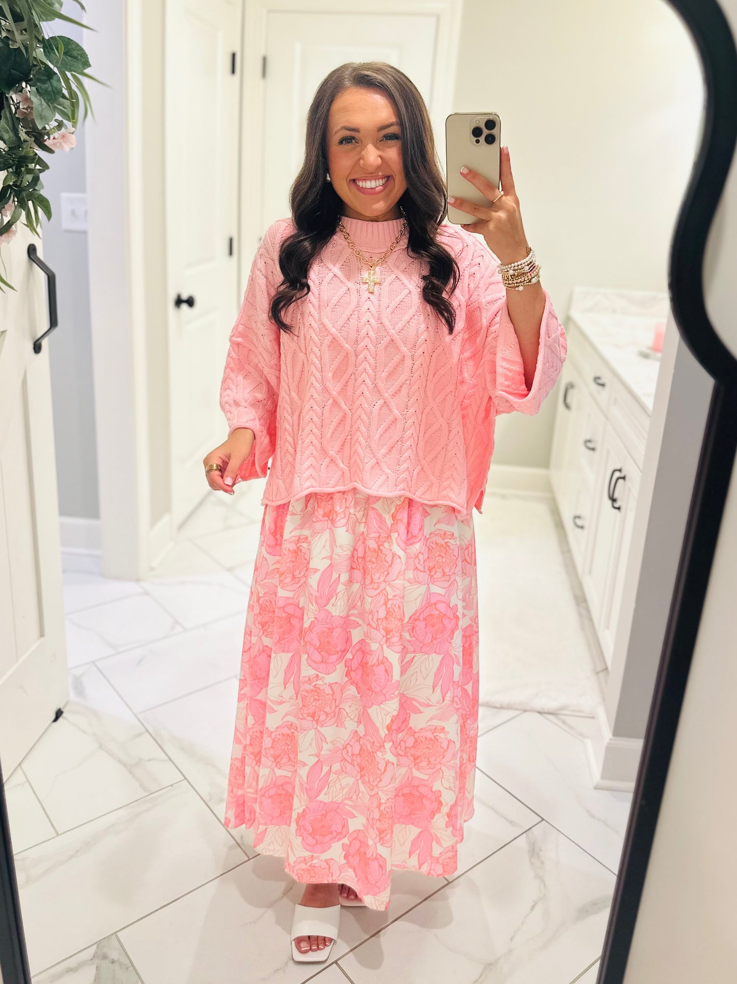 The Eliza Pink Chunky Ribbed Knit Cable Sweater