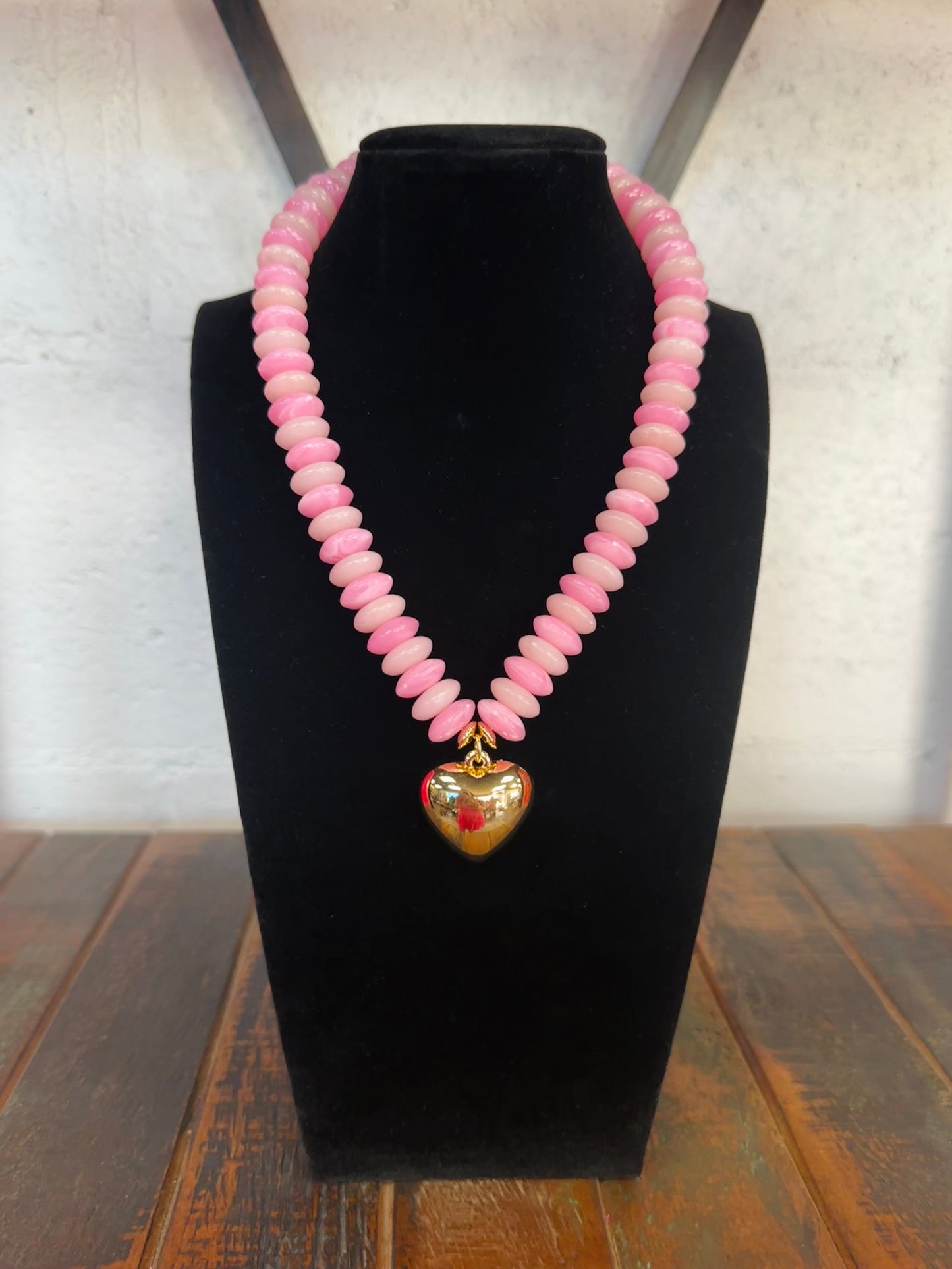 Pink + Gold Wide Bead Puffy Heart Necklace