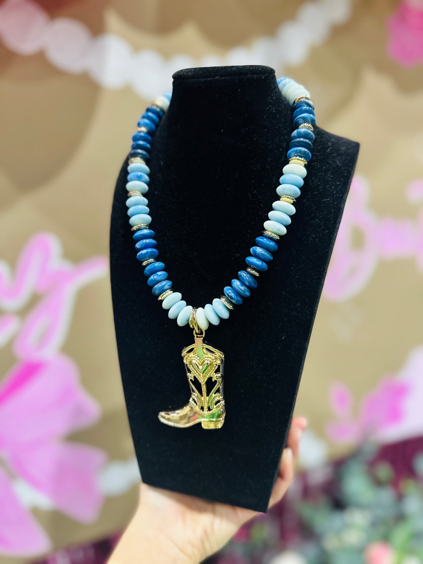 The Nila Blue + Gold Wide Bead Cowboy Boot Pendant Necklace