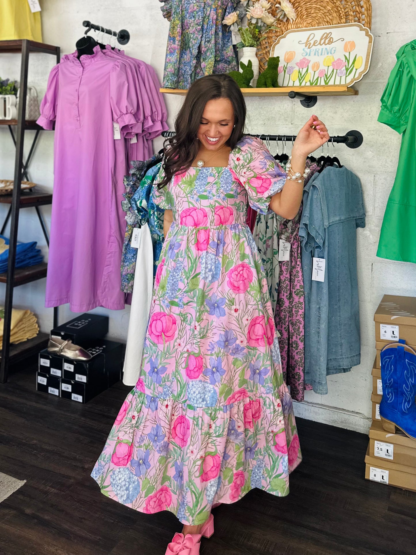 The Danyale Pink Floral Bow Midi Dress