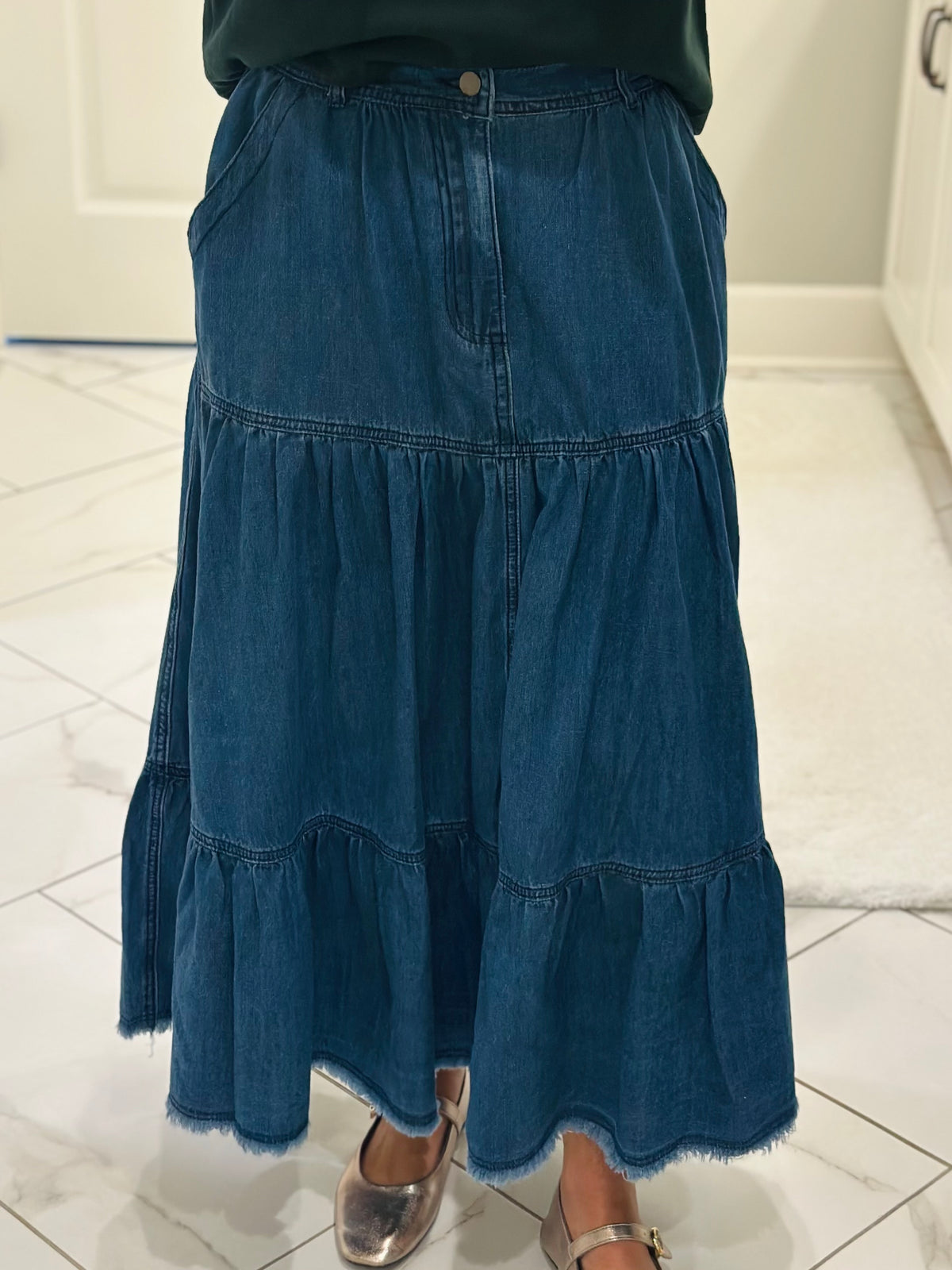 The Callie Denim Tiered Midi Skirt