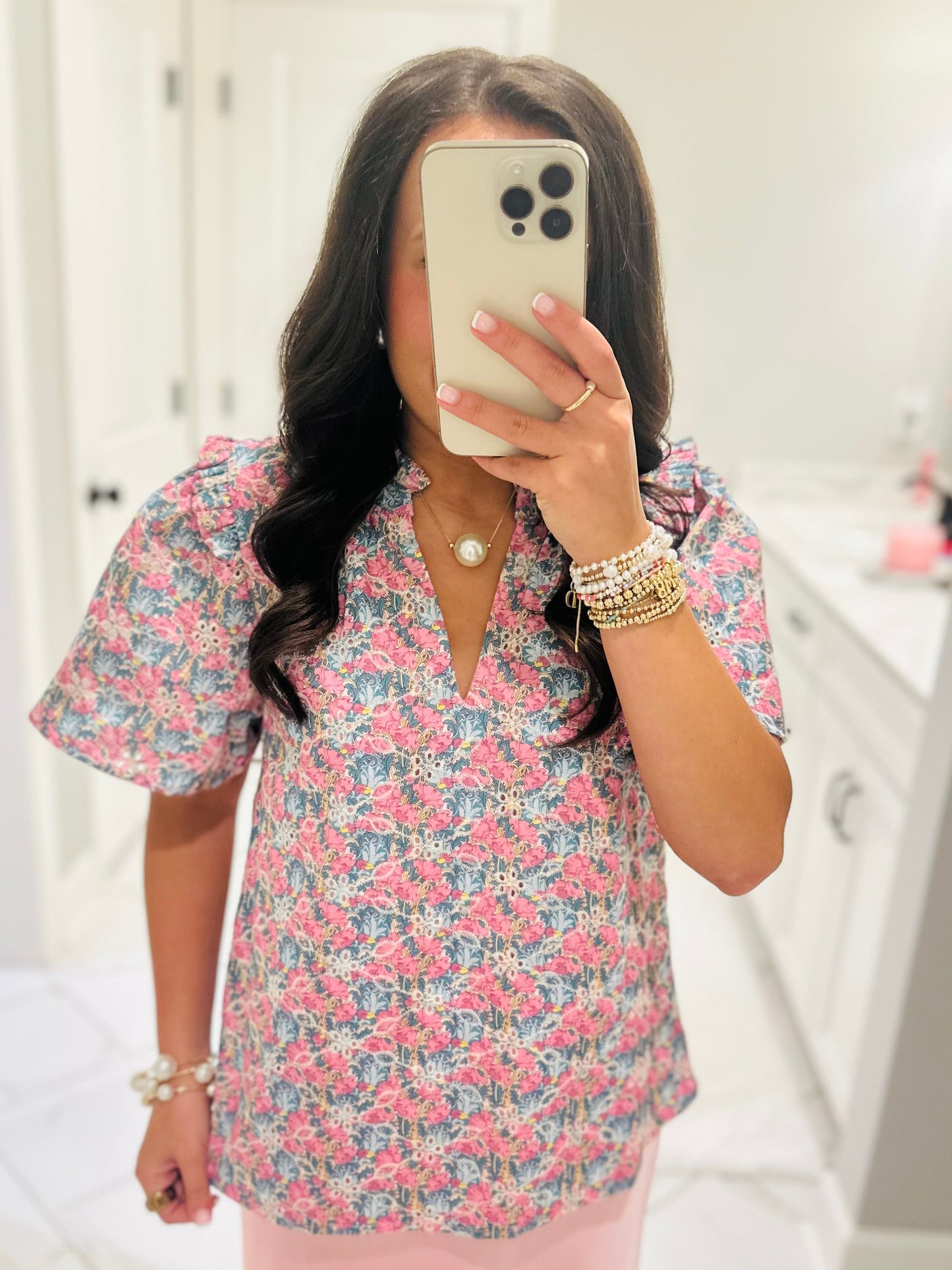 The Gemalee Pink + Green Eyelet Top