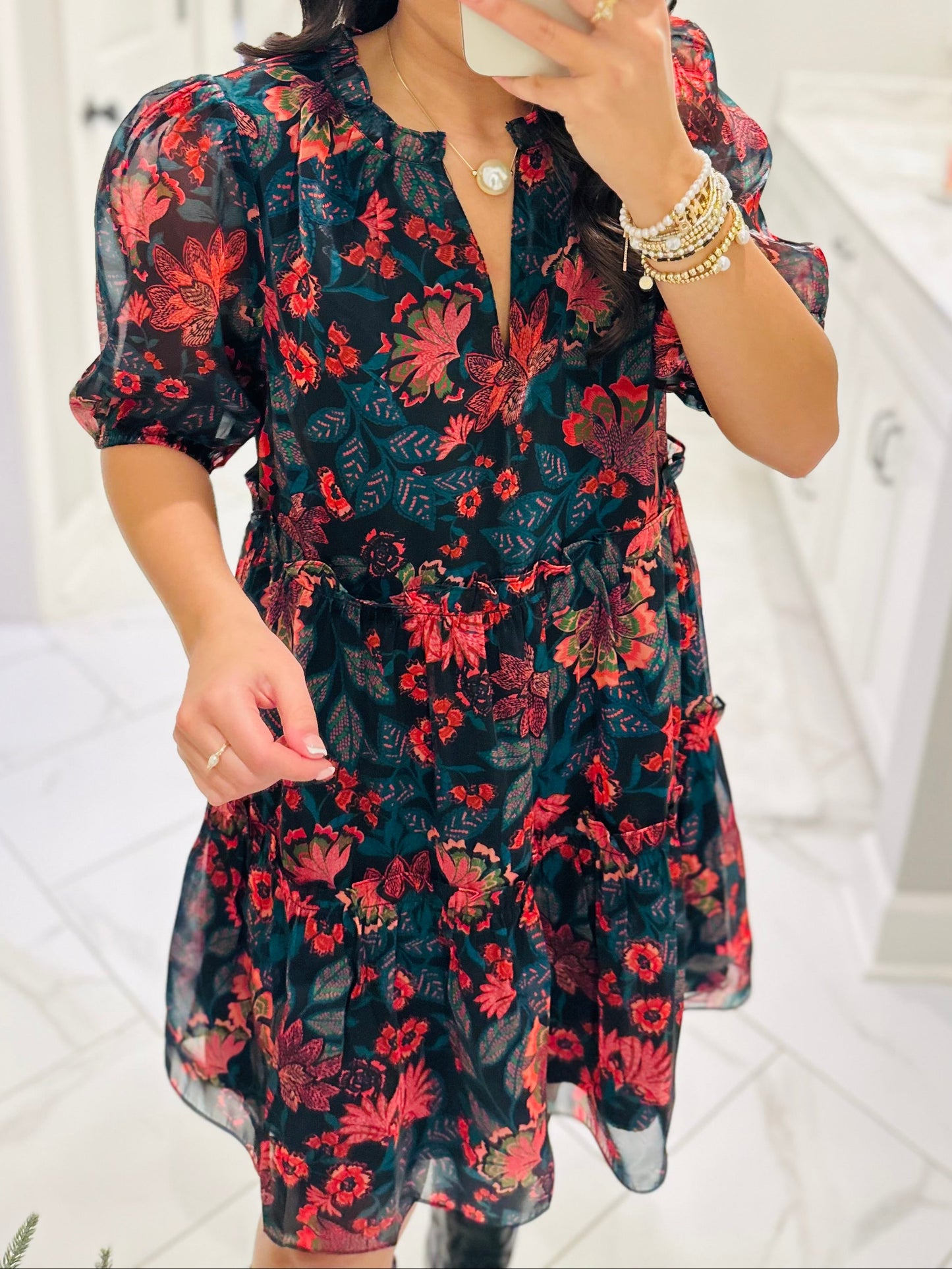 The Briala Black Floral Tiered Dress