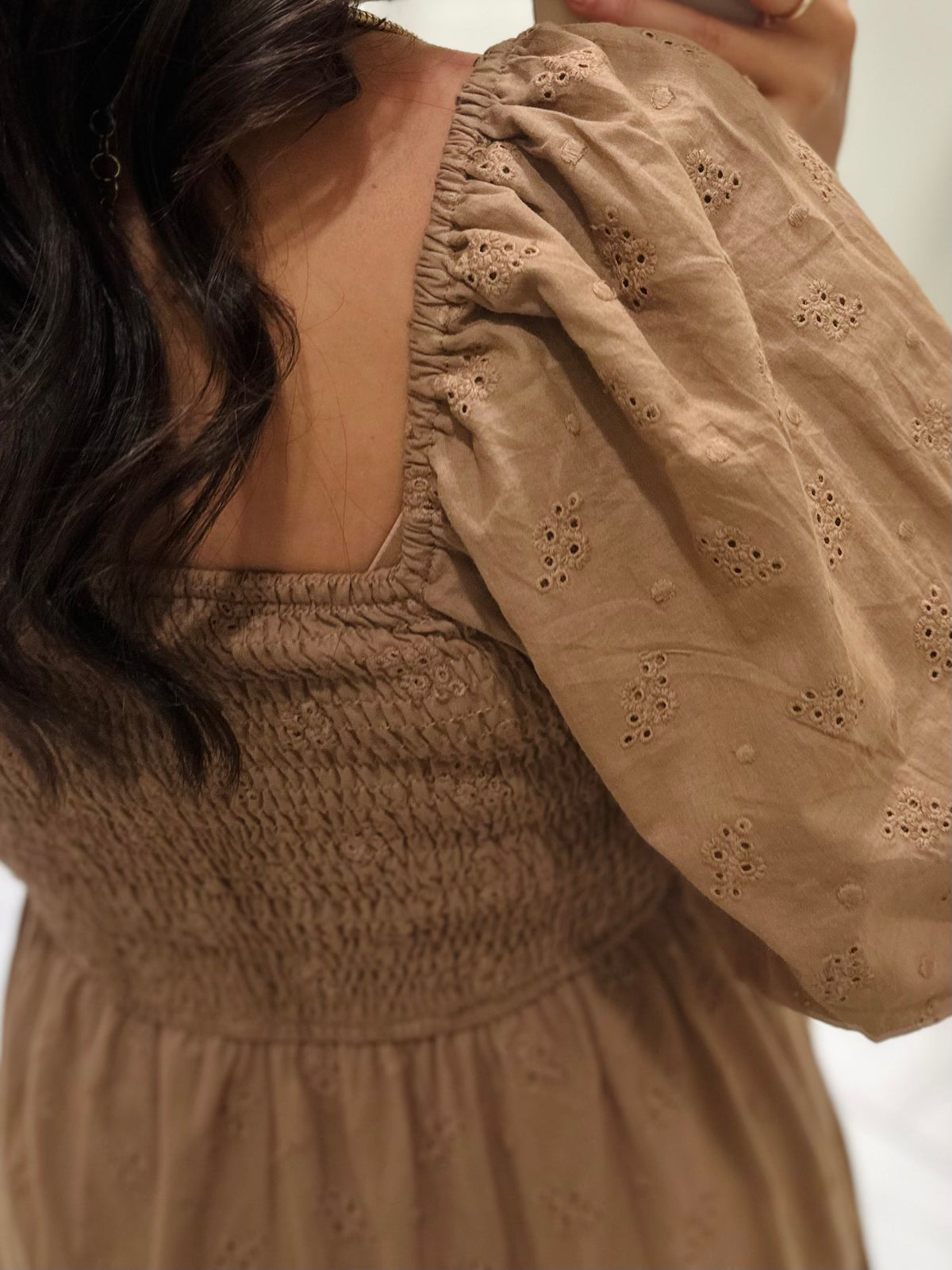 The Isabelle Light Brown Eyelet Bow Midi Dress