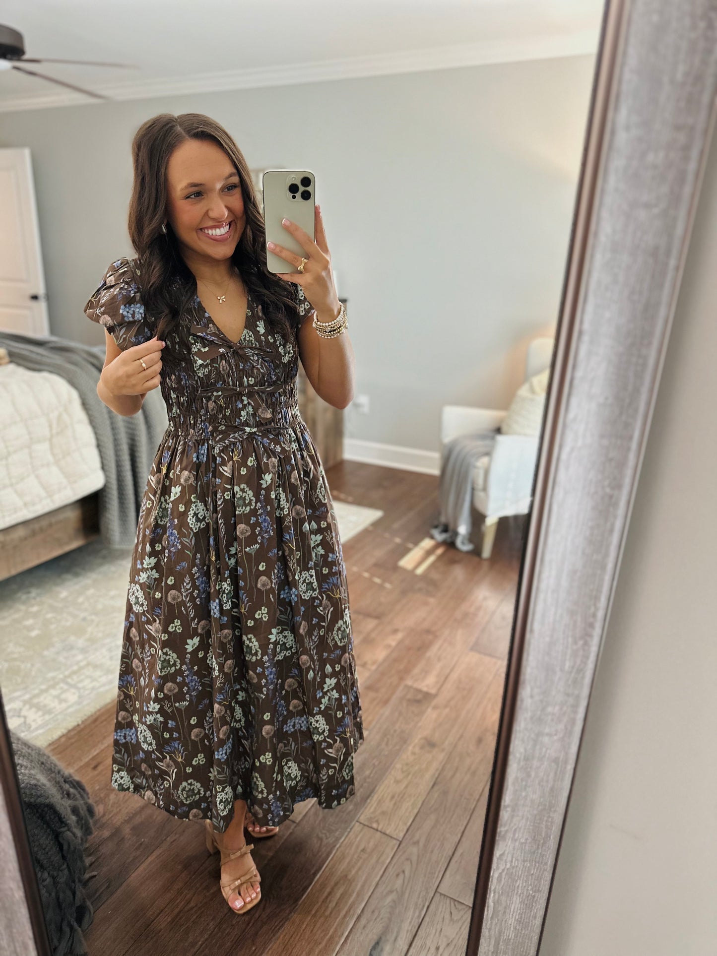 The Stella Brown Floral Bow Front Midi Dress