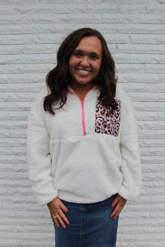 White Leopard Patch Fleece Pullover