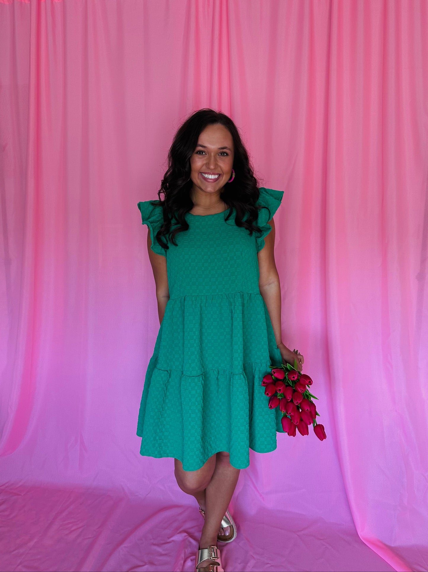 The Kodi Kelly Green Textured Tiered Swing Dress