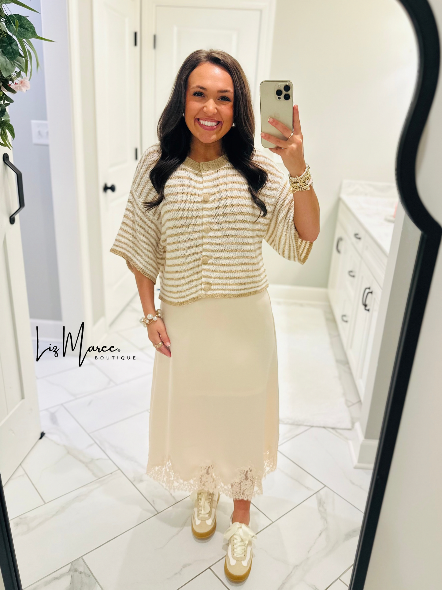 The Dallas Ecru Satin Lace Midi Skirt