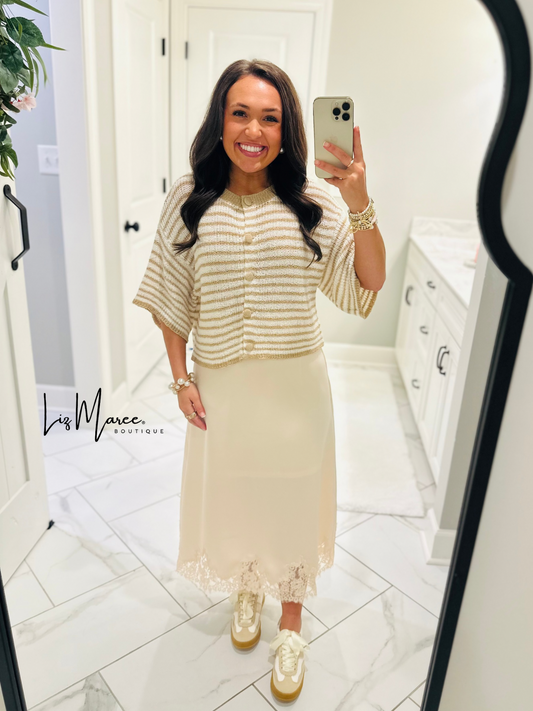 The Dallas Ecru Satin Lace Midi Skirt