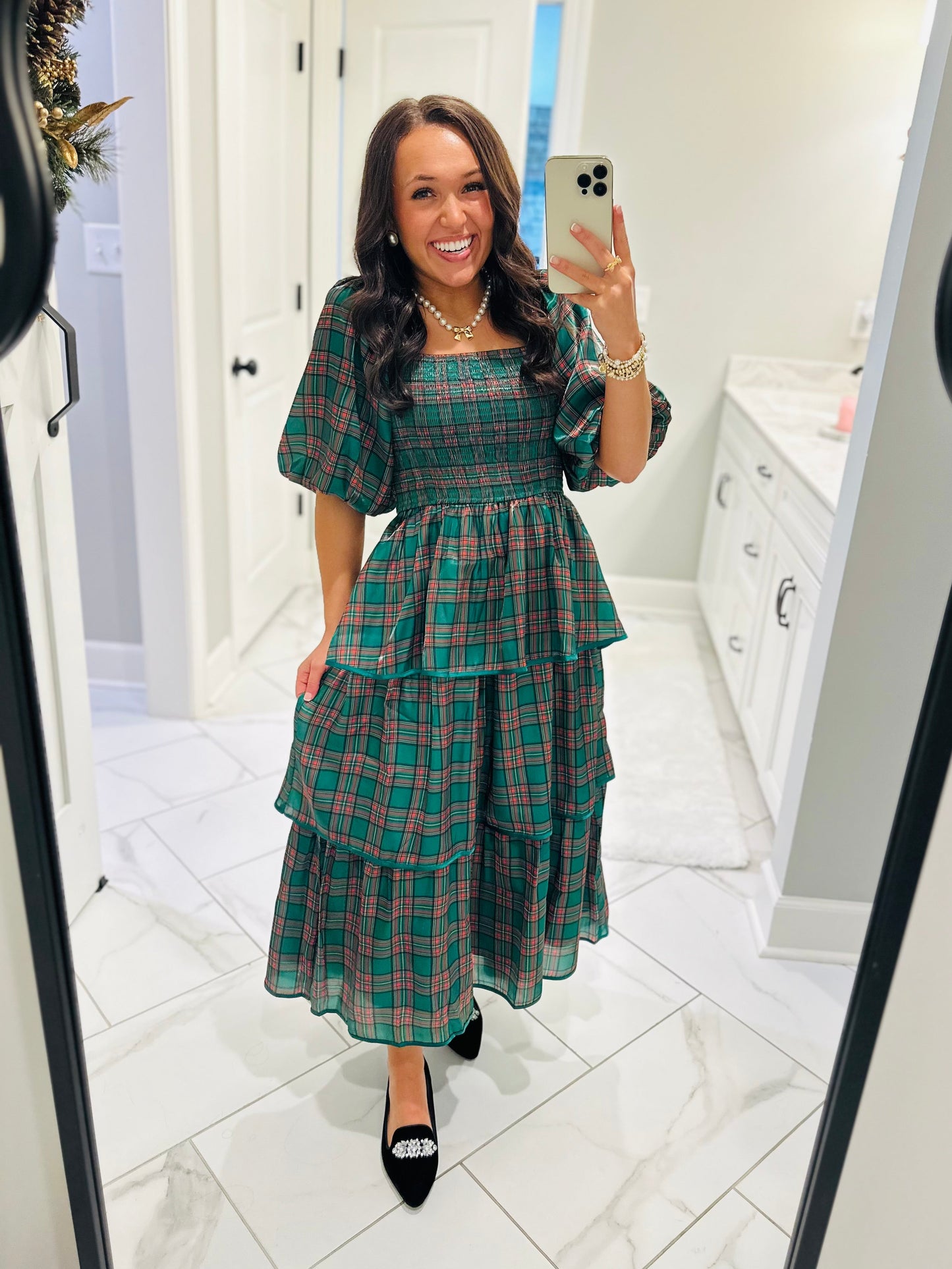 The Holly Green Christmas Plaid Tiered Midi Dress