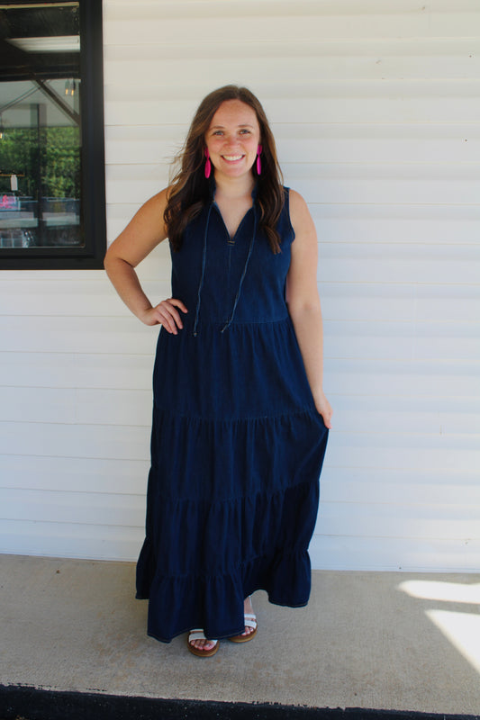 The Charity Dark Wash Denim Maxi Dress