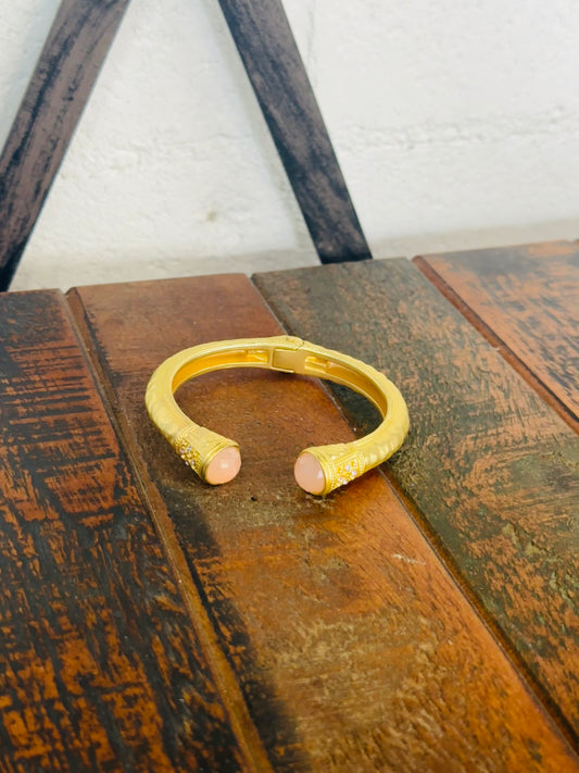 Gold Hammered Pink Bead End Cuff Bracelet