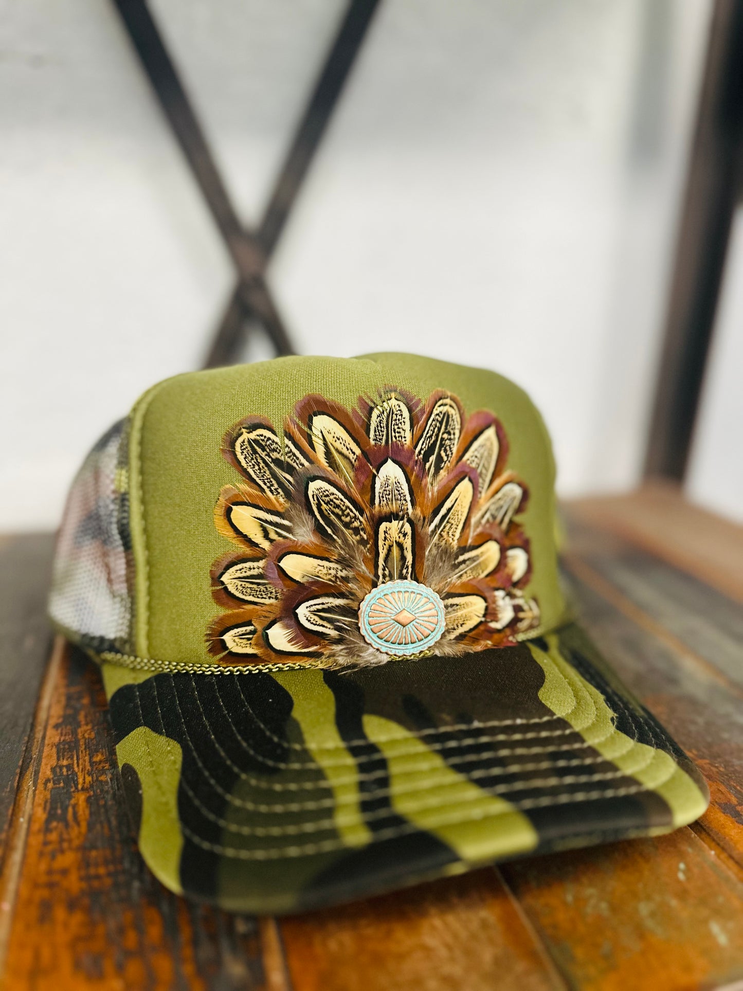 Brown Feather + Turquoise Concho Camo Trucker Hat