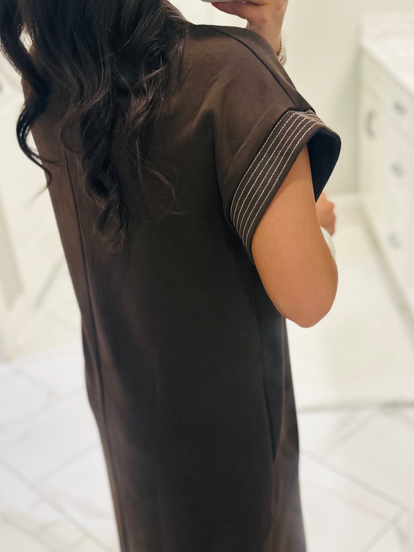 The Parker Brown Collared Stitch Midi Dress