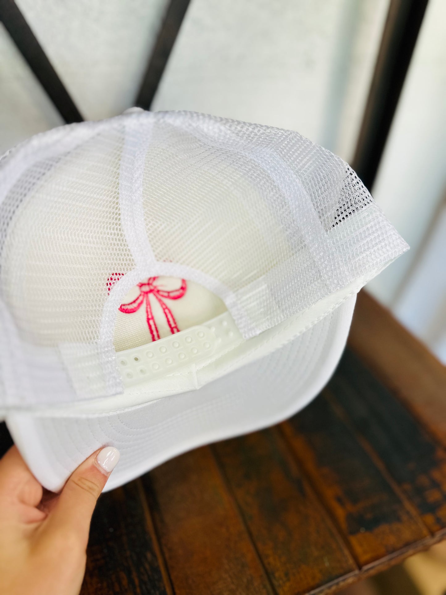 White Coquette Embroidery Bow Trucker Hat