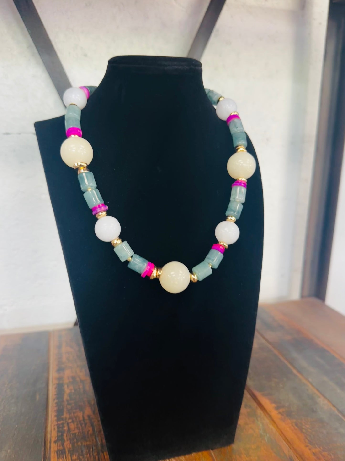 White Stone Ball Mixed Beaded Necklace