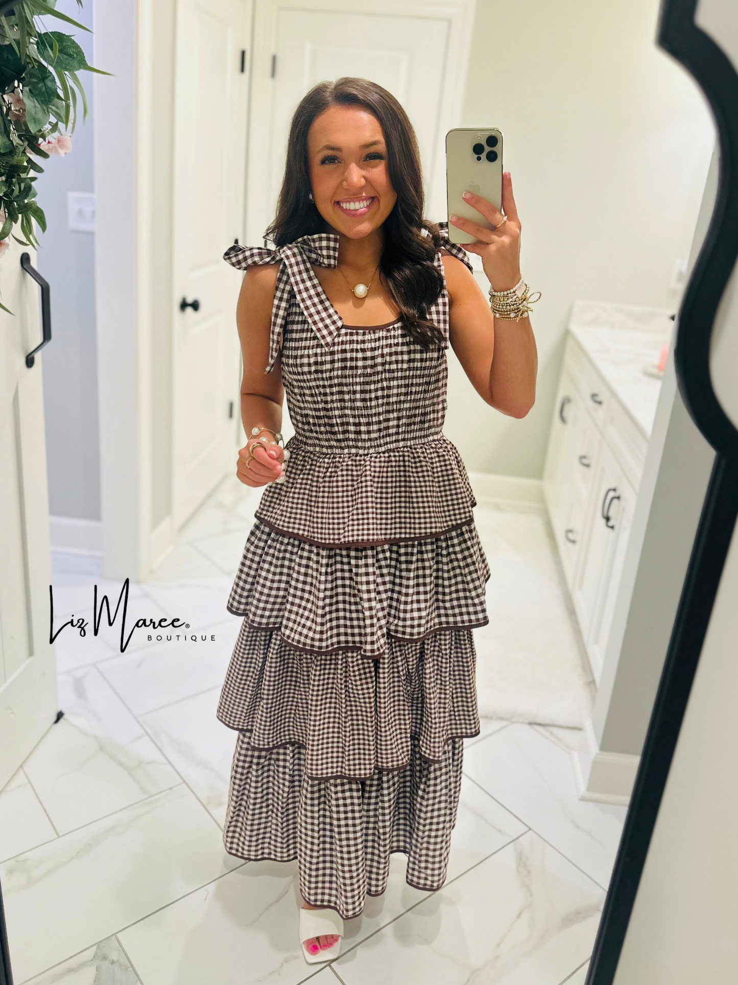 The Kacie Brown Gingham Tiered Ruffle Midi Dress
