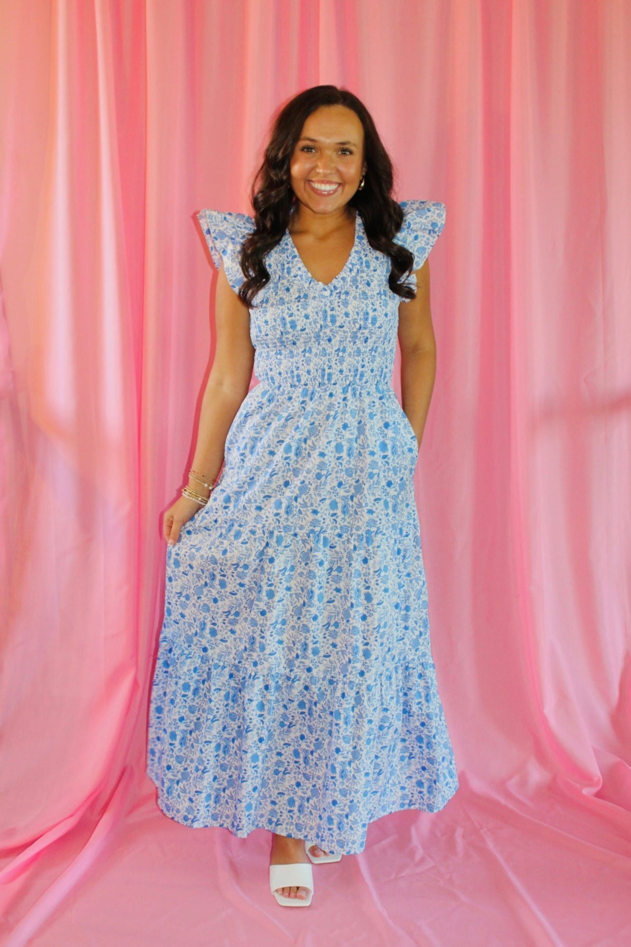 The Caroline Blue Floral Smocked Midi Dress