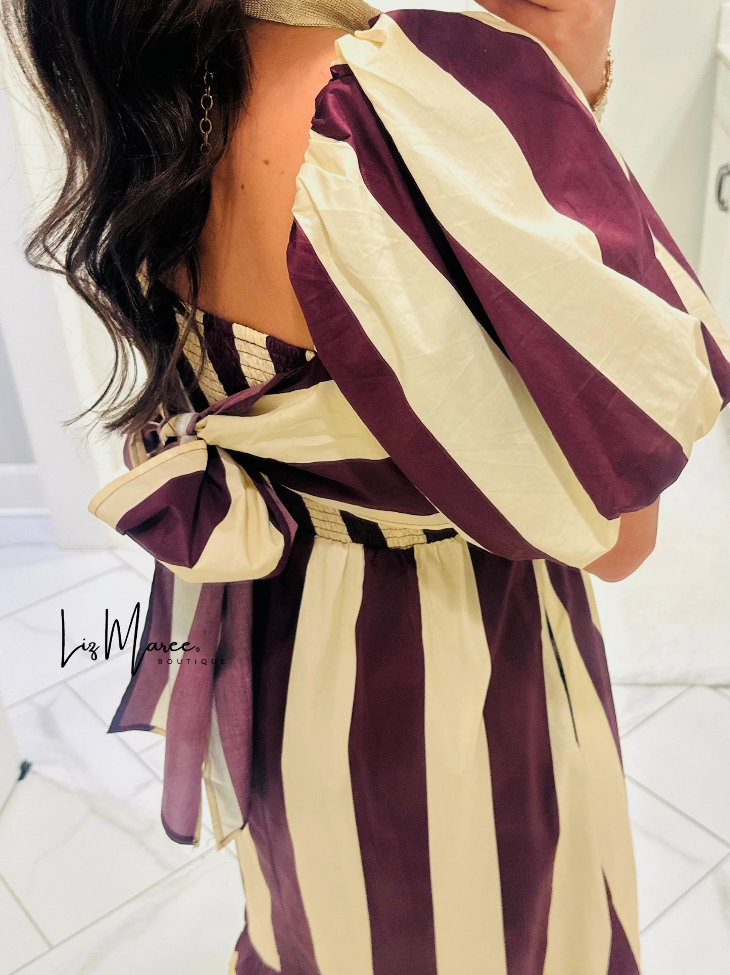 The Danyale Merlot Striped Bow Midi Dress