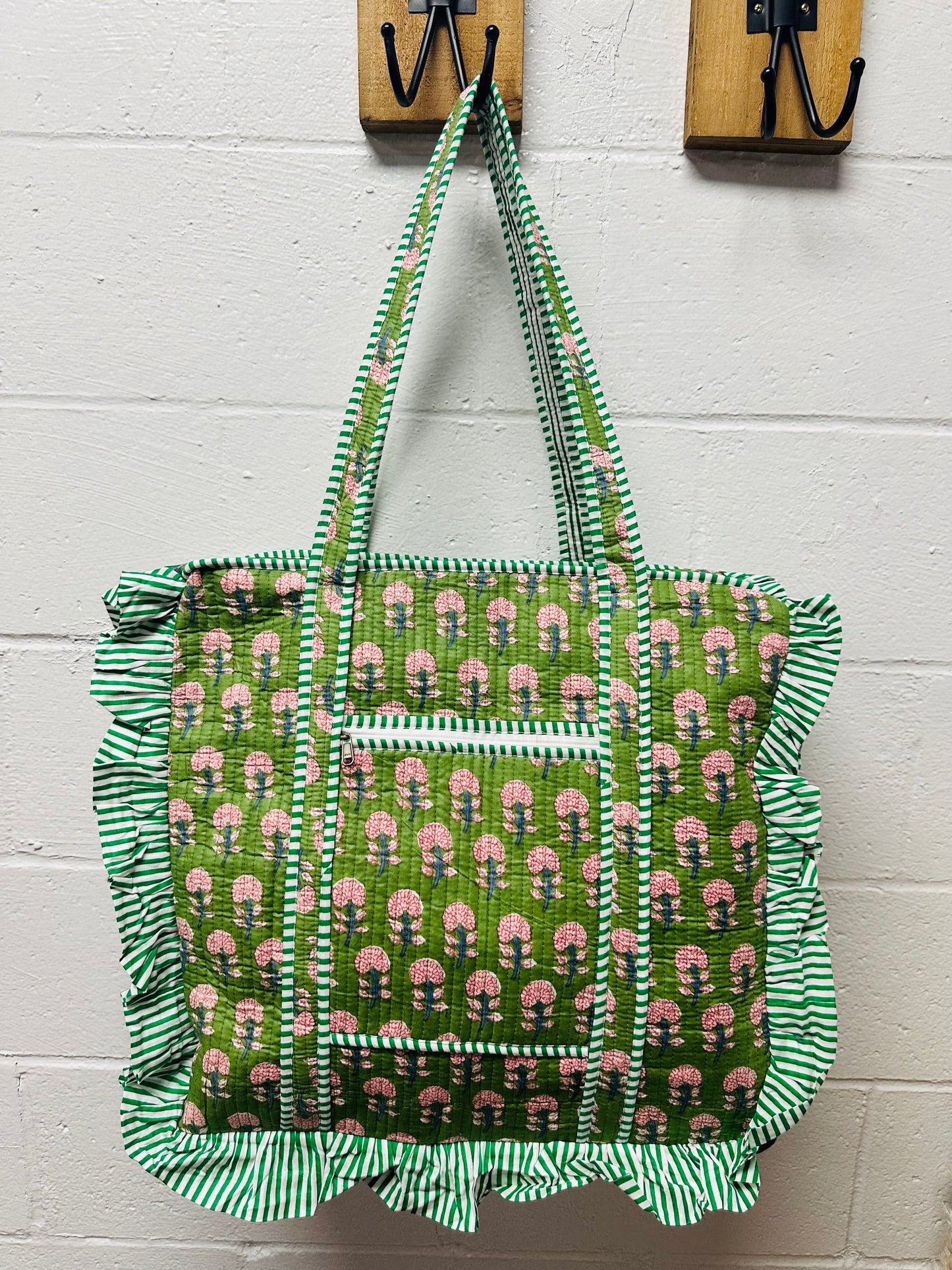 The Green Vintage Floral Ruffle Quilted Tote Bag
