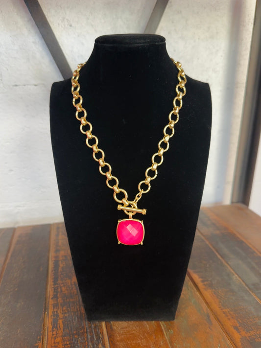 Fuchsia Square Stone Pendant Necklace