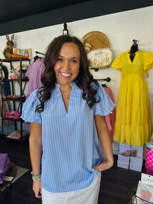 The Brynn Blue Pearl Puff Sleeve Top