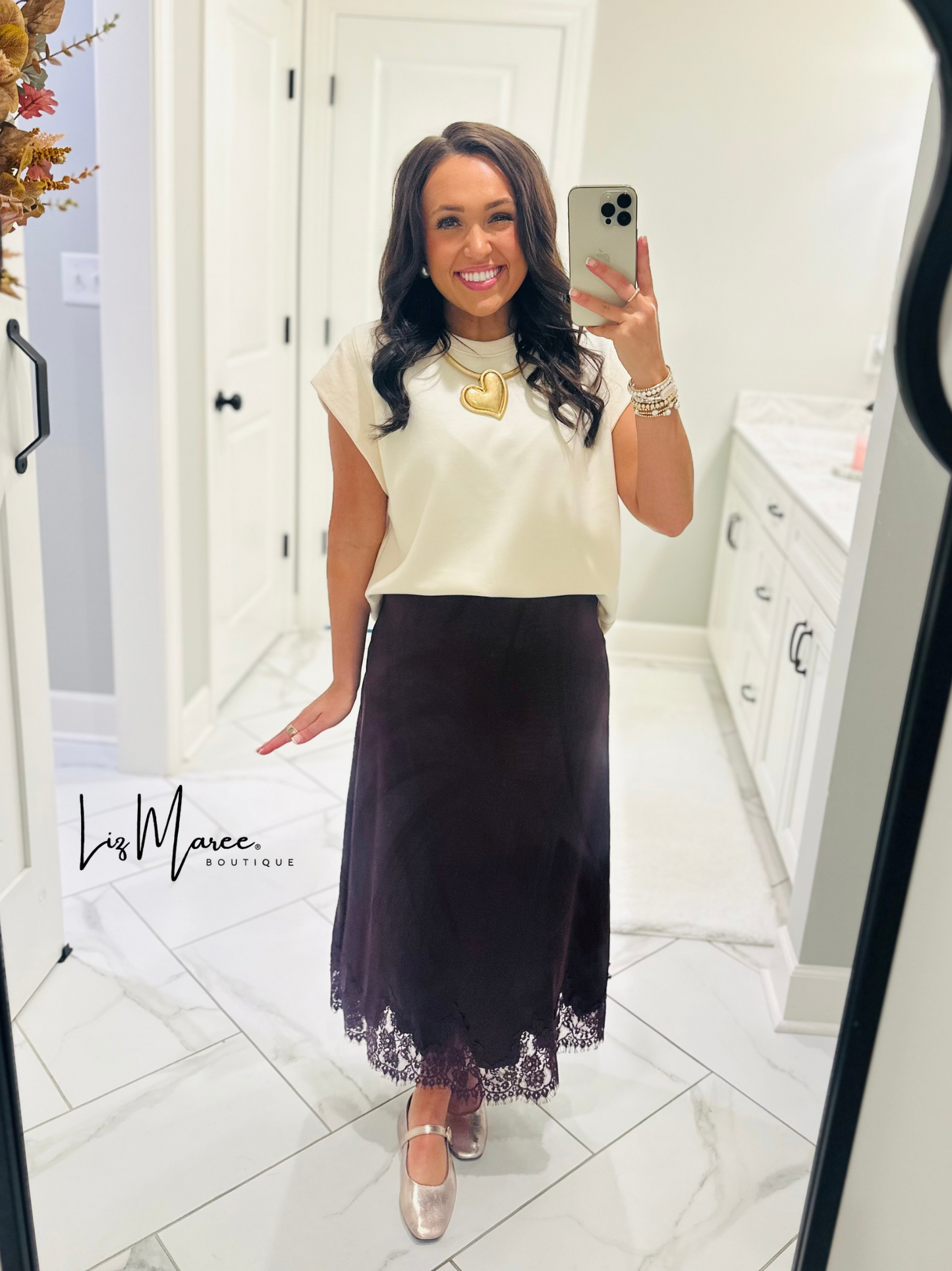 The Dallas Burgundy Satin Lace Midi Skirt