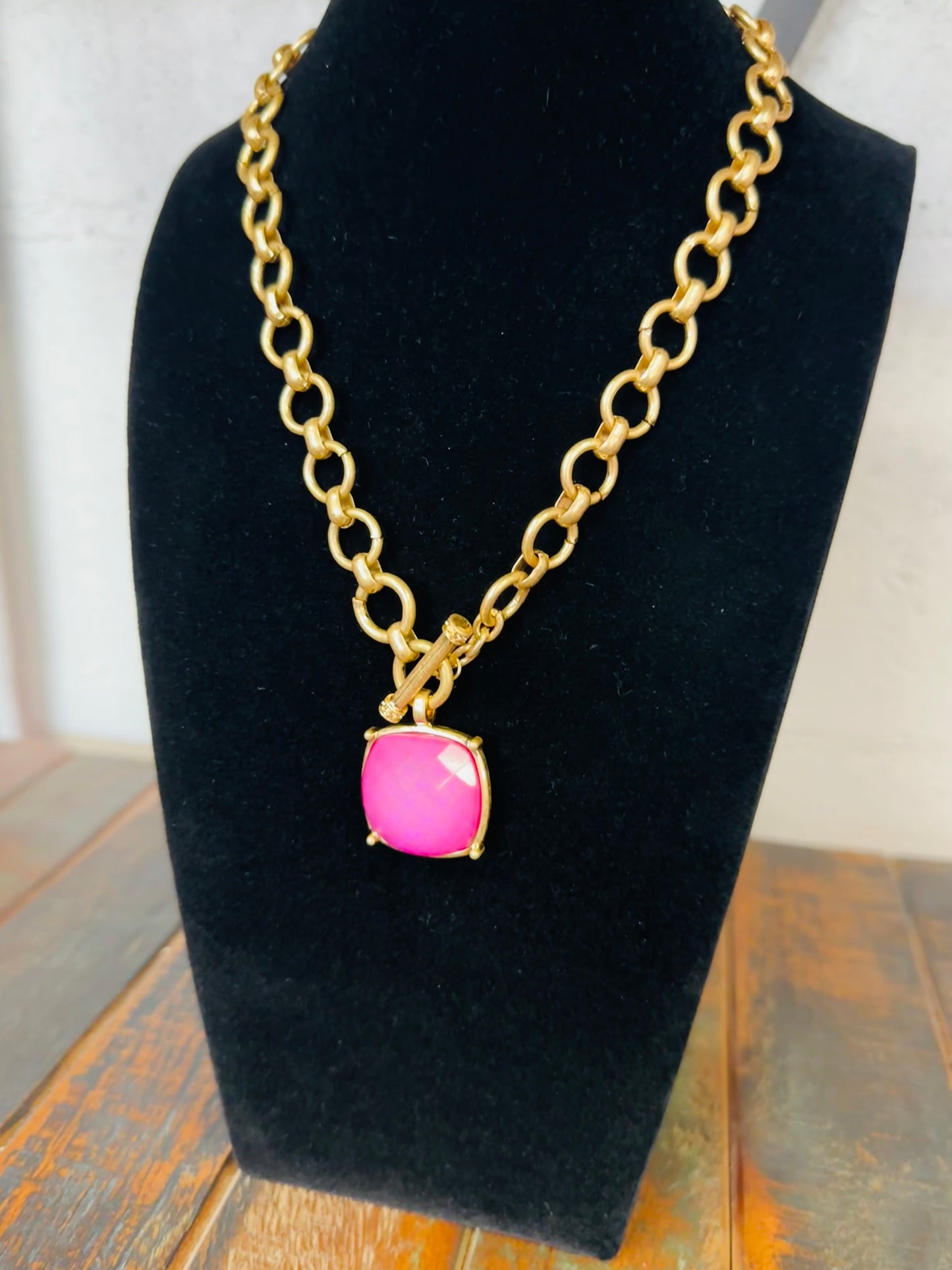 Pink Square Stone Pendant Necklace