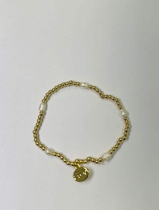 3MM Water Resistant Gold Ball W/Rice Pearls Bracelet