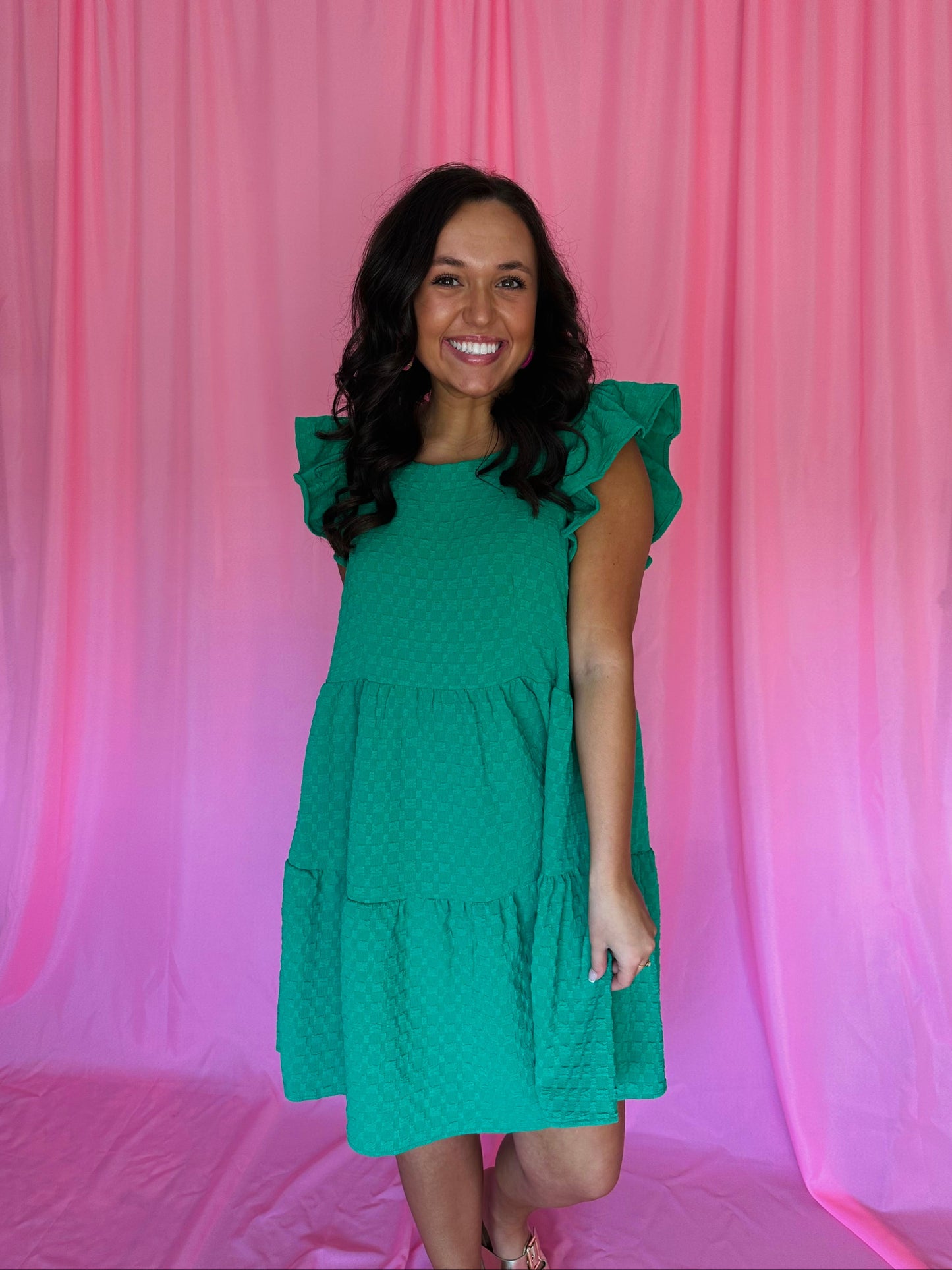 The Kodi Kelly Green Textured Tiered Swing Dress