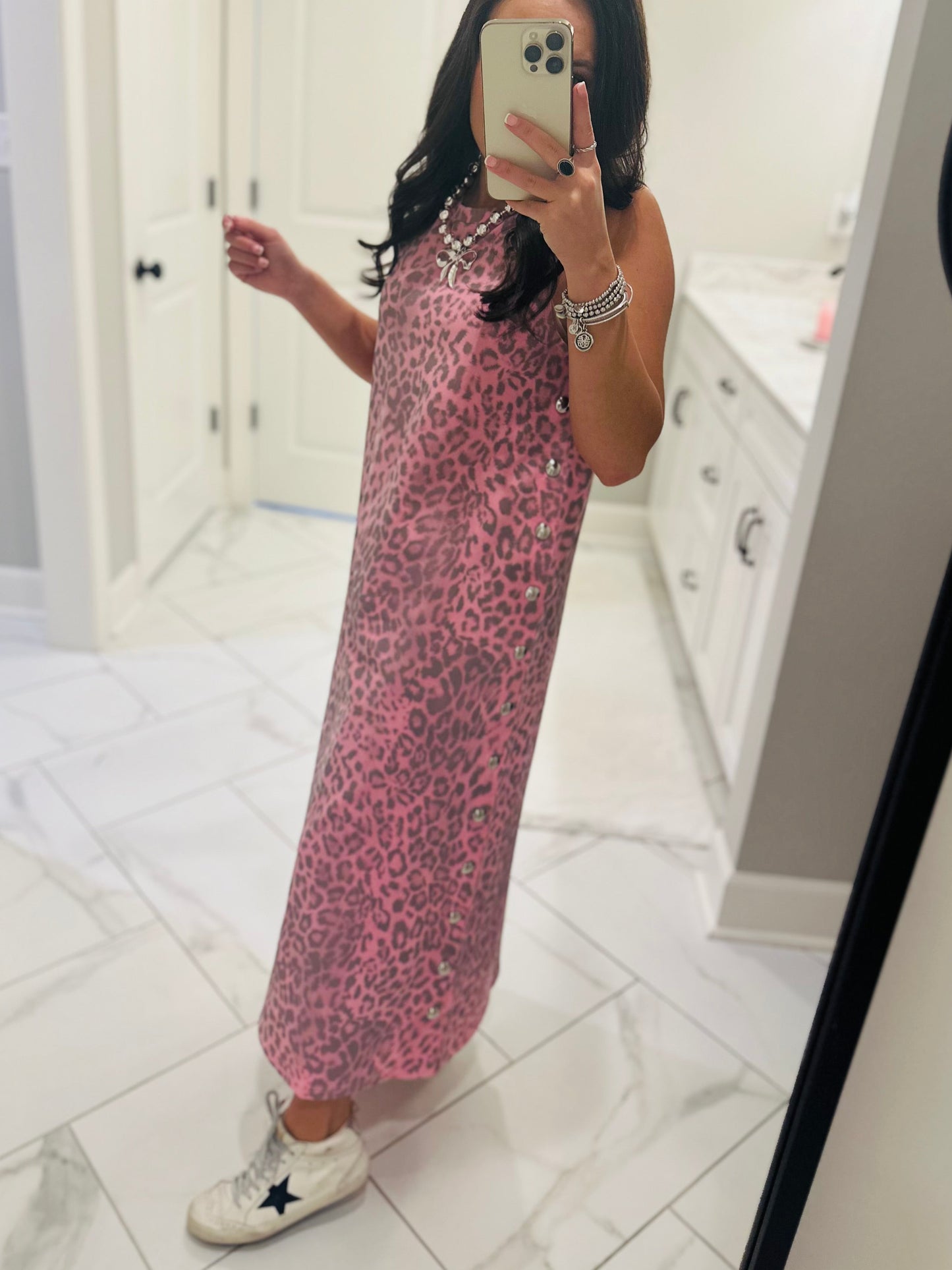 The Brooke Pink Leopard Midi Dress