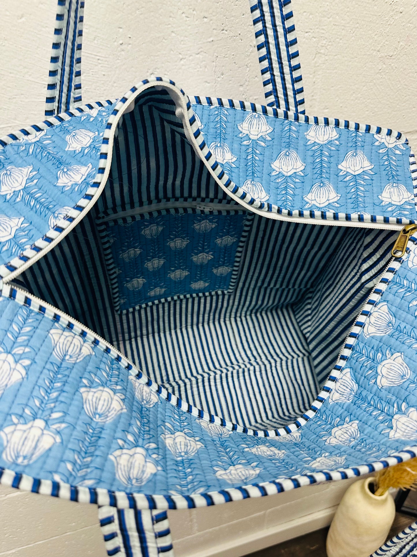 The Sky Blue Floral Quilted Tote Bag