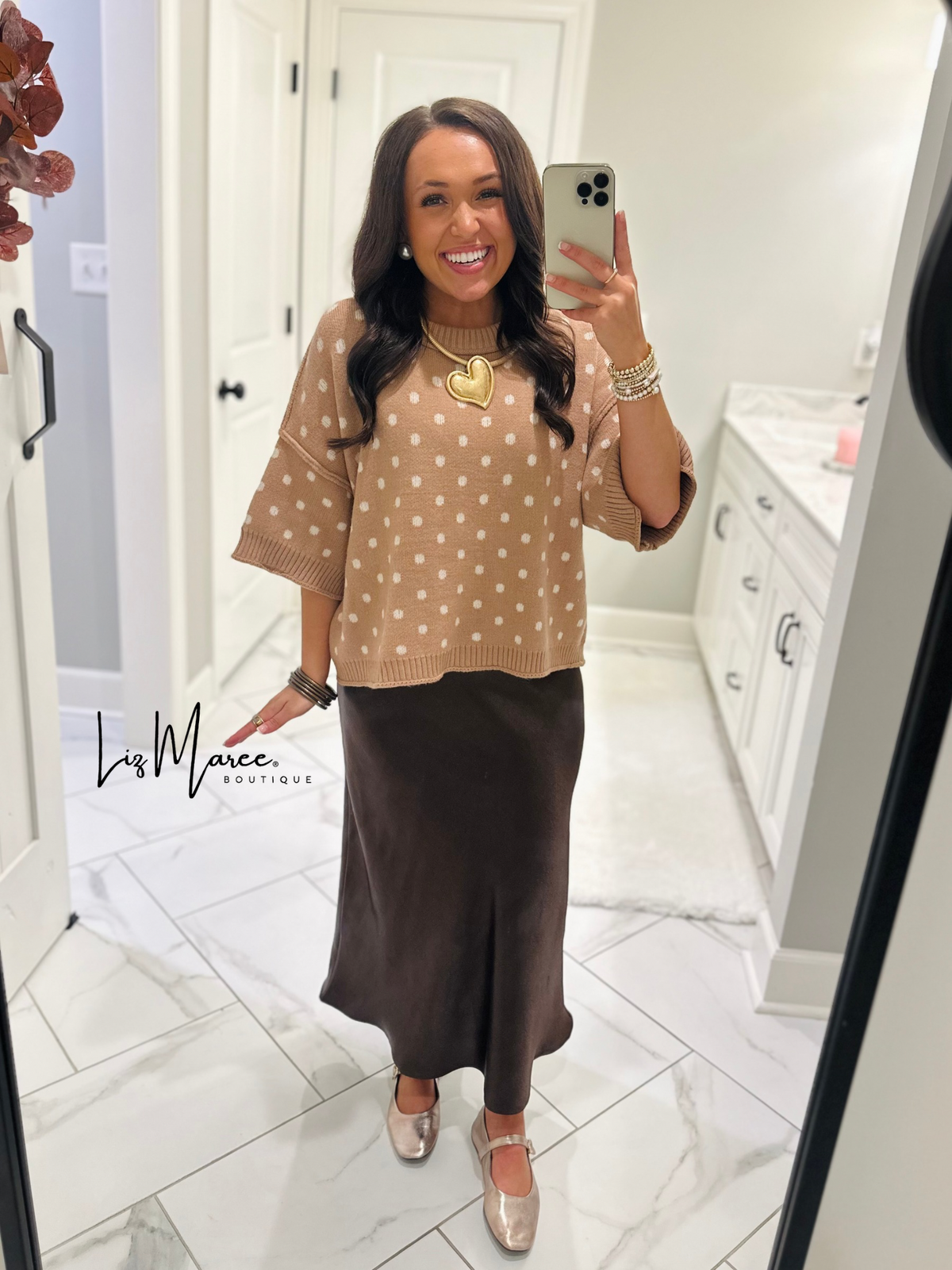 The Penelope Camel Polka Dot Sweater Knit Top